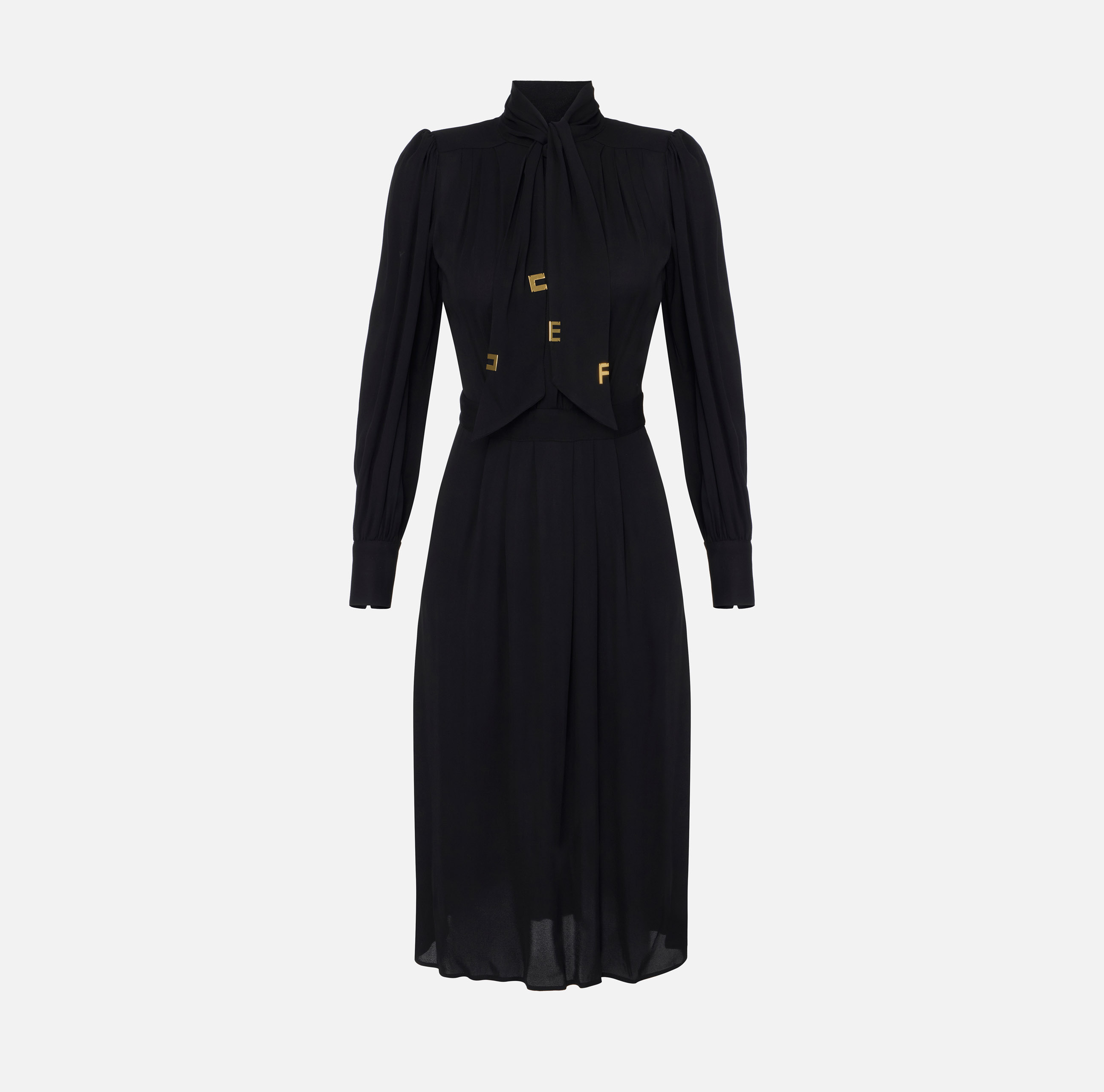 ELISABETTA FRANCHI●スカーフ付きジョーゼットシャツドレス 黒 Georgette shirt-dress with foulard scarf | Elisabetta