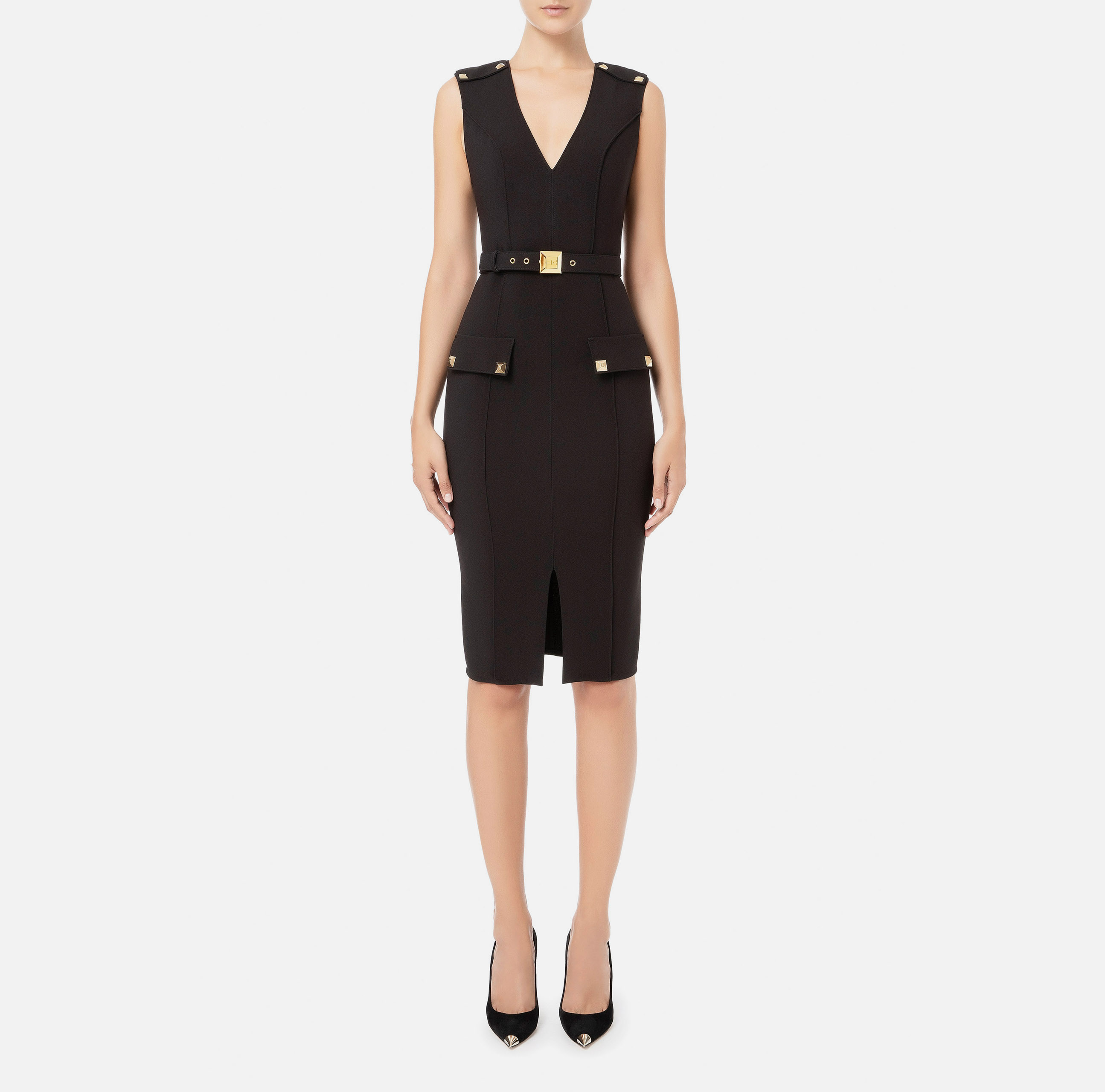 Sleeveless calf-length dress with buttons and logoed belt