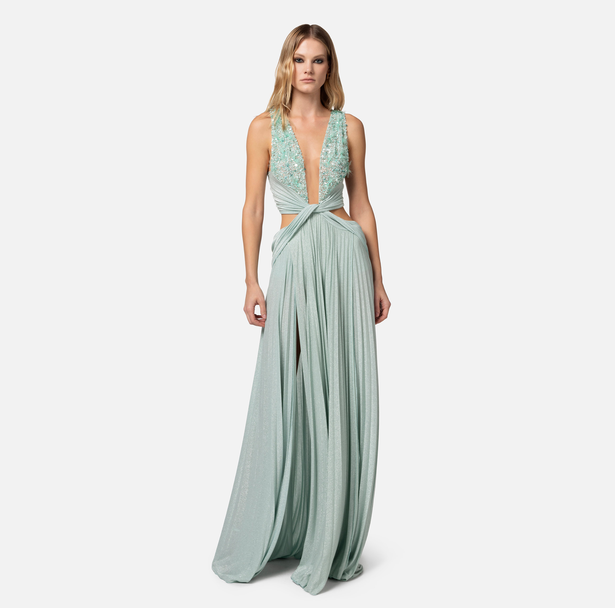 パーティードレス ELISABETTA FRANCHI Pleated lurex jersey red carpet dress wit Pleated red carpet dress in lurex jersey with embroidery