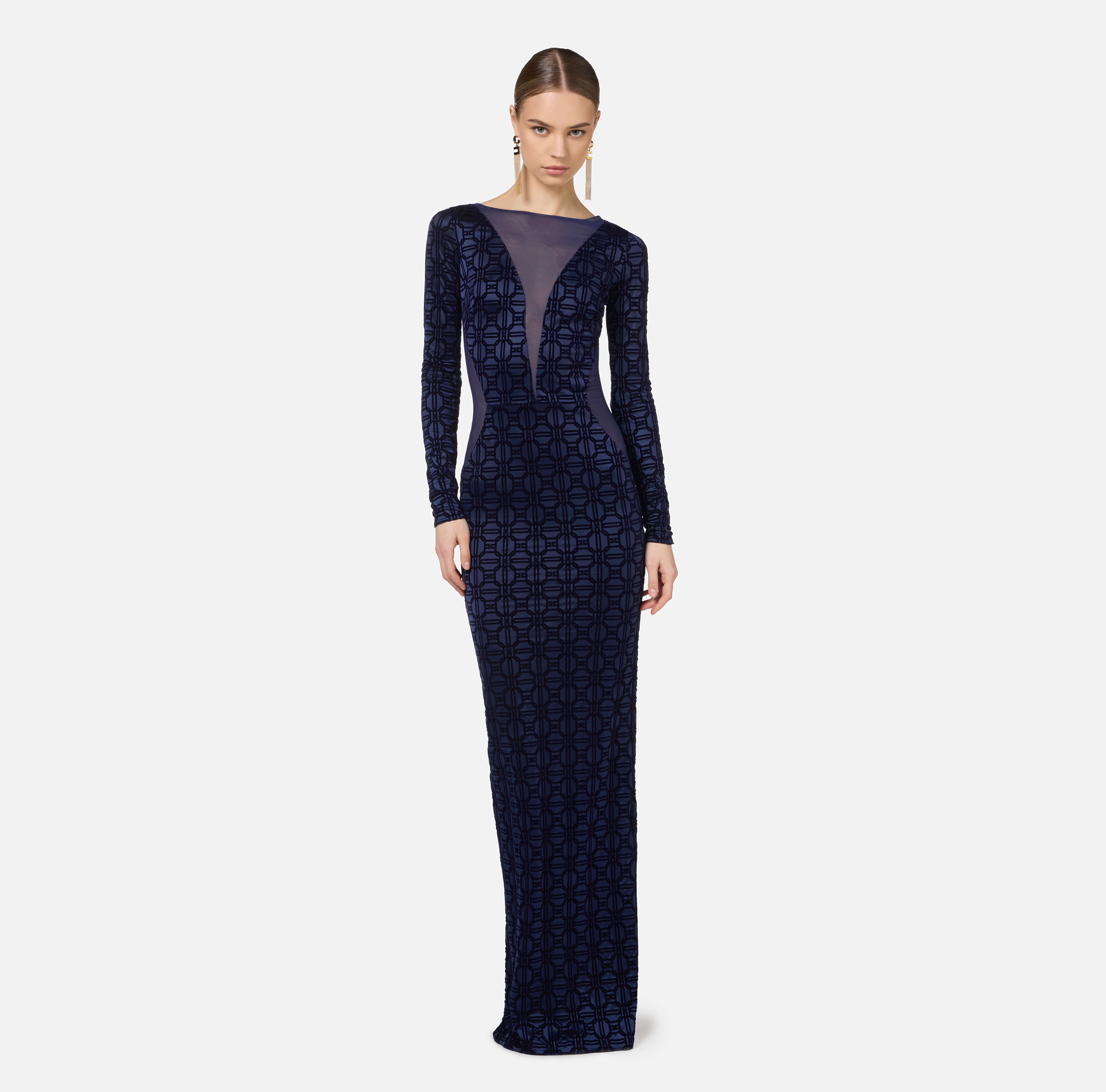 Red carpet dress in flock Lycra and tulle fabric