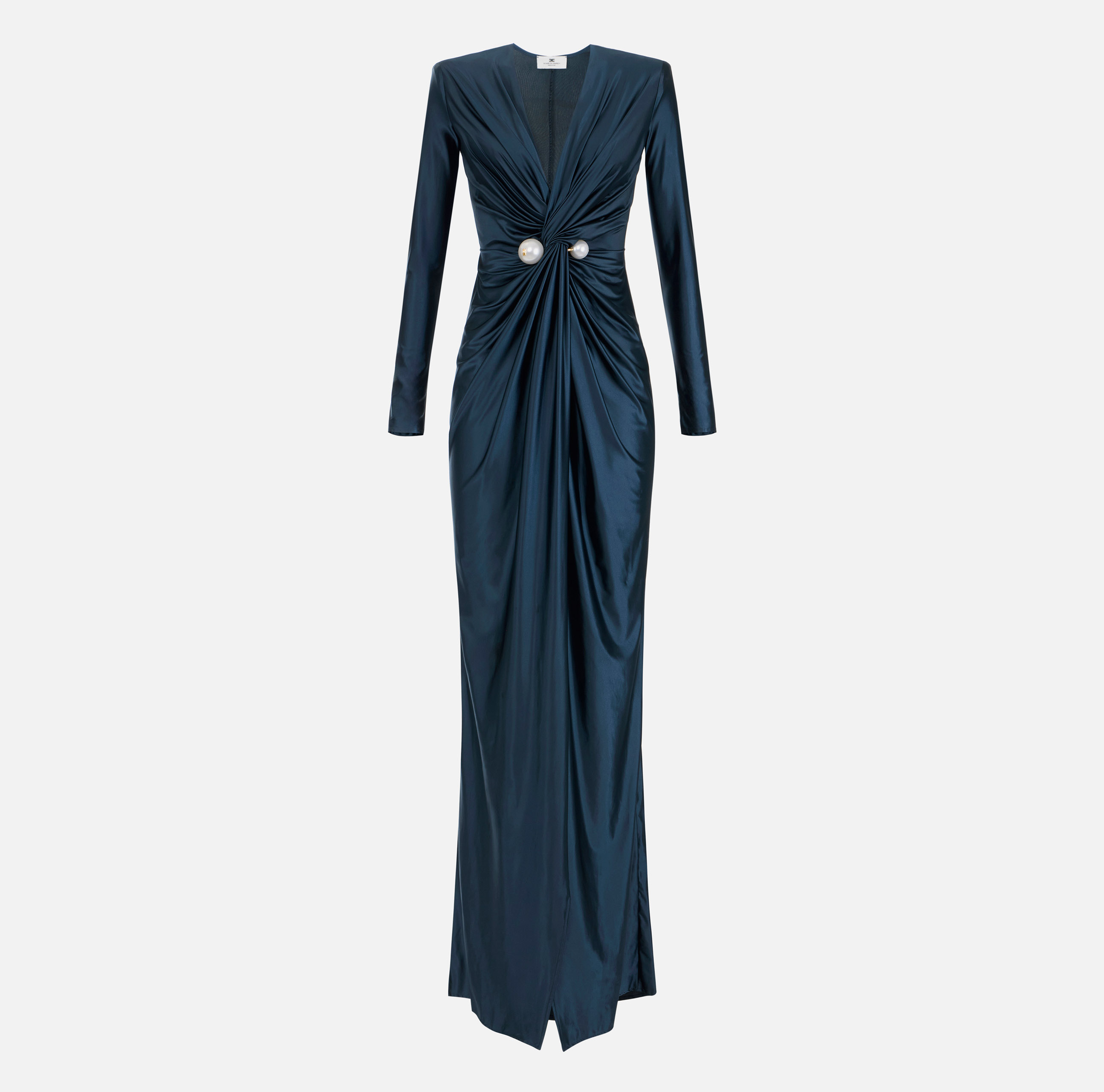 Lycra red carpet dress with bow and pearl accessory | Elisabetta