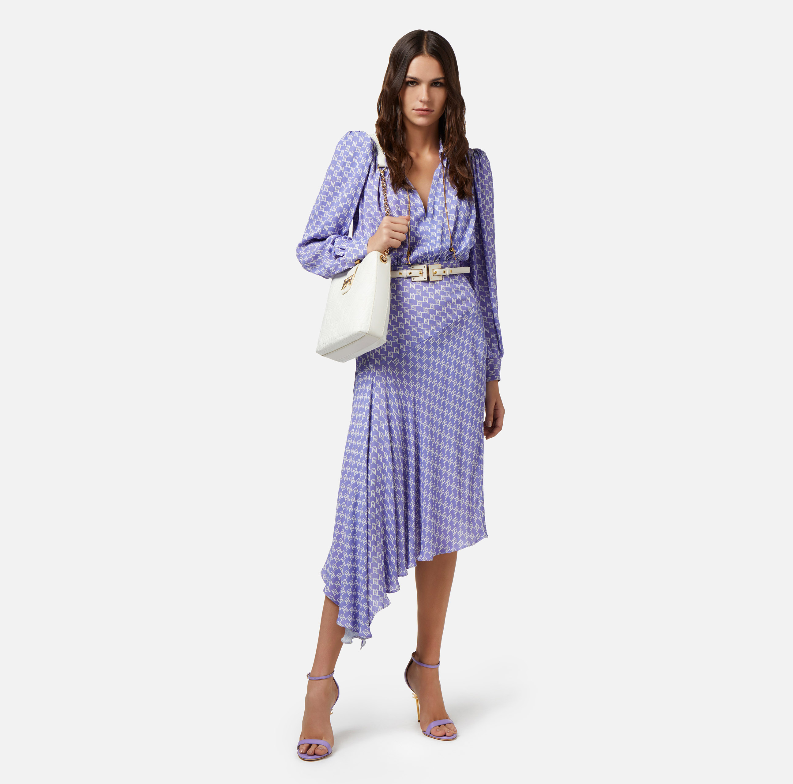 Asymmetric georgette shirt-dress with logo print