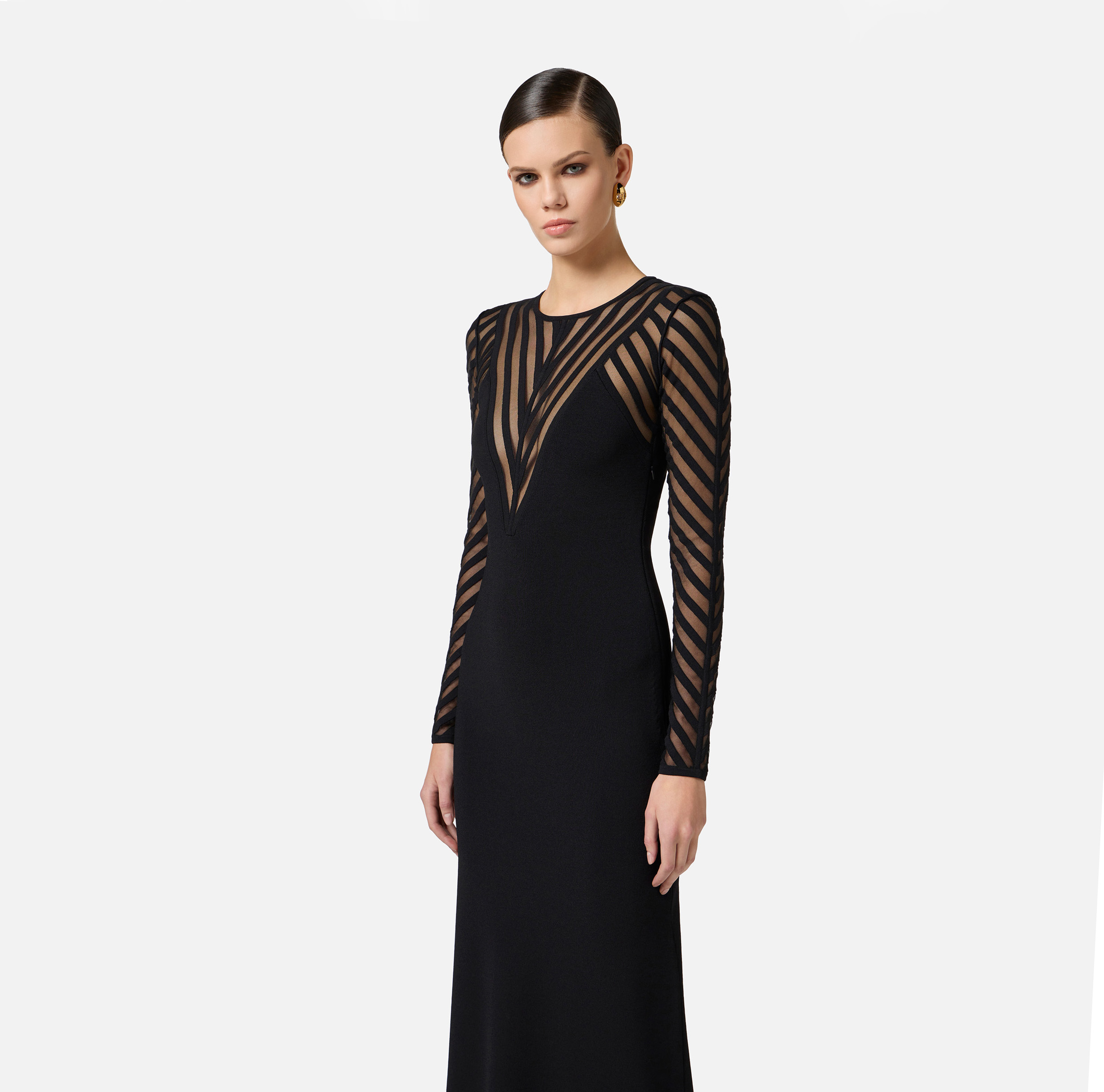 long sleeve high neck black dress 2024 Deep V-Neckline High Slit Long Sleeve Black Dress – Ncocon
