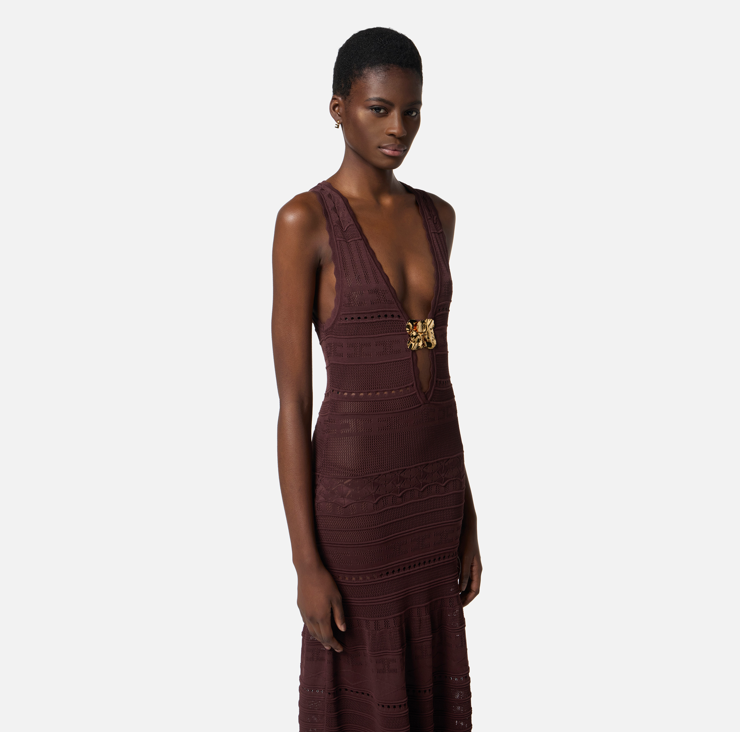Openwork viscose dress with jewel flower | Elisabetta Franchi® Outlet