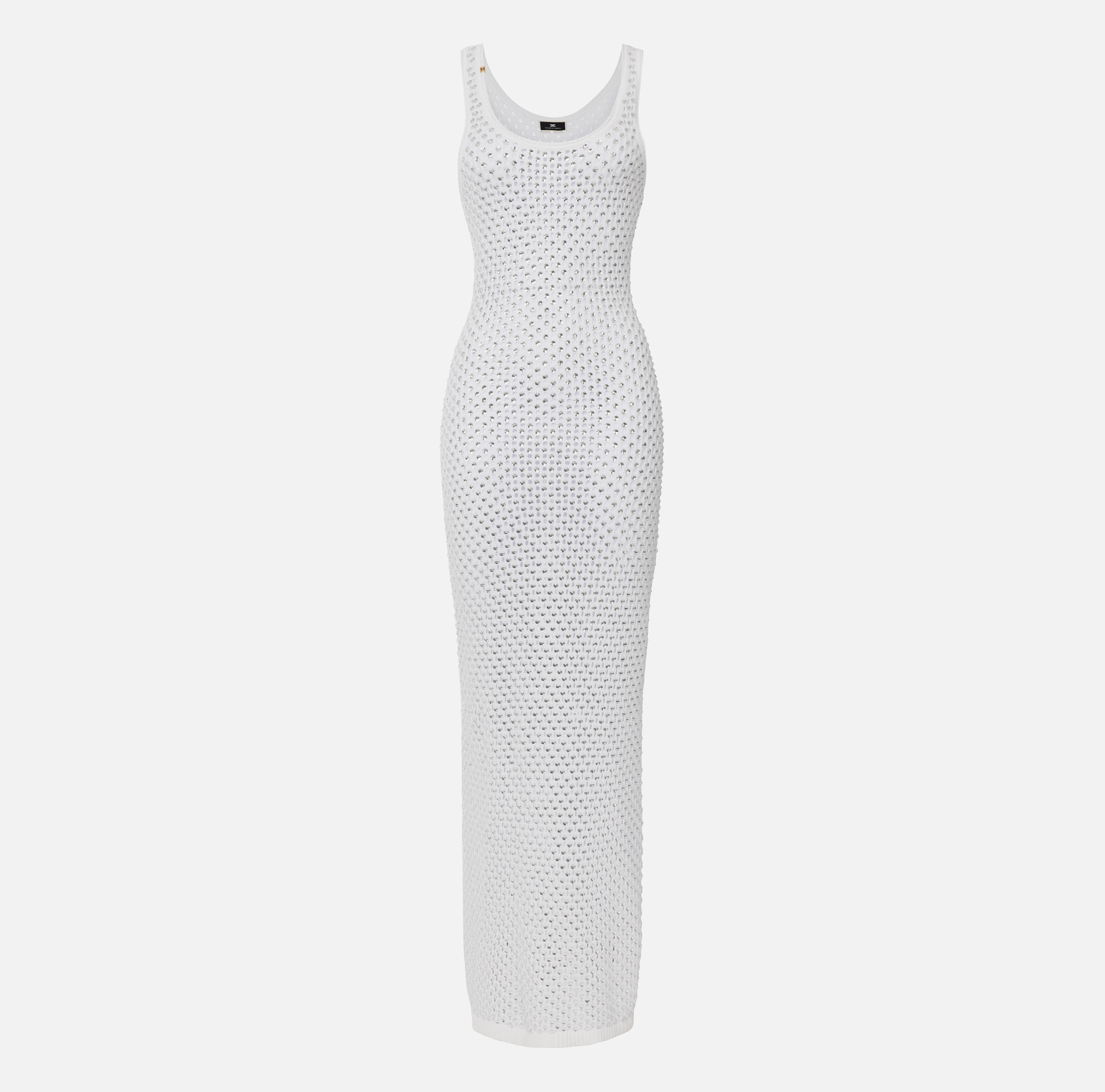 【ELISABETTA FRANCHI】ドレス シルク ラインストーン ホワイト Long cotton dress in mesh stitch with rhinestones