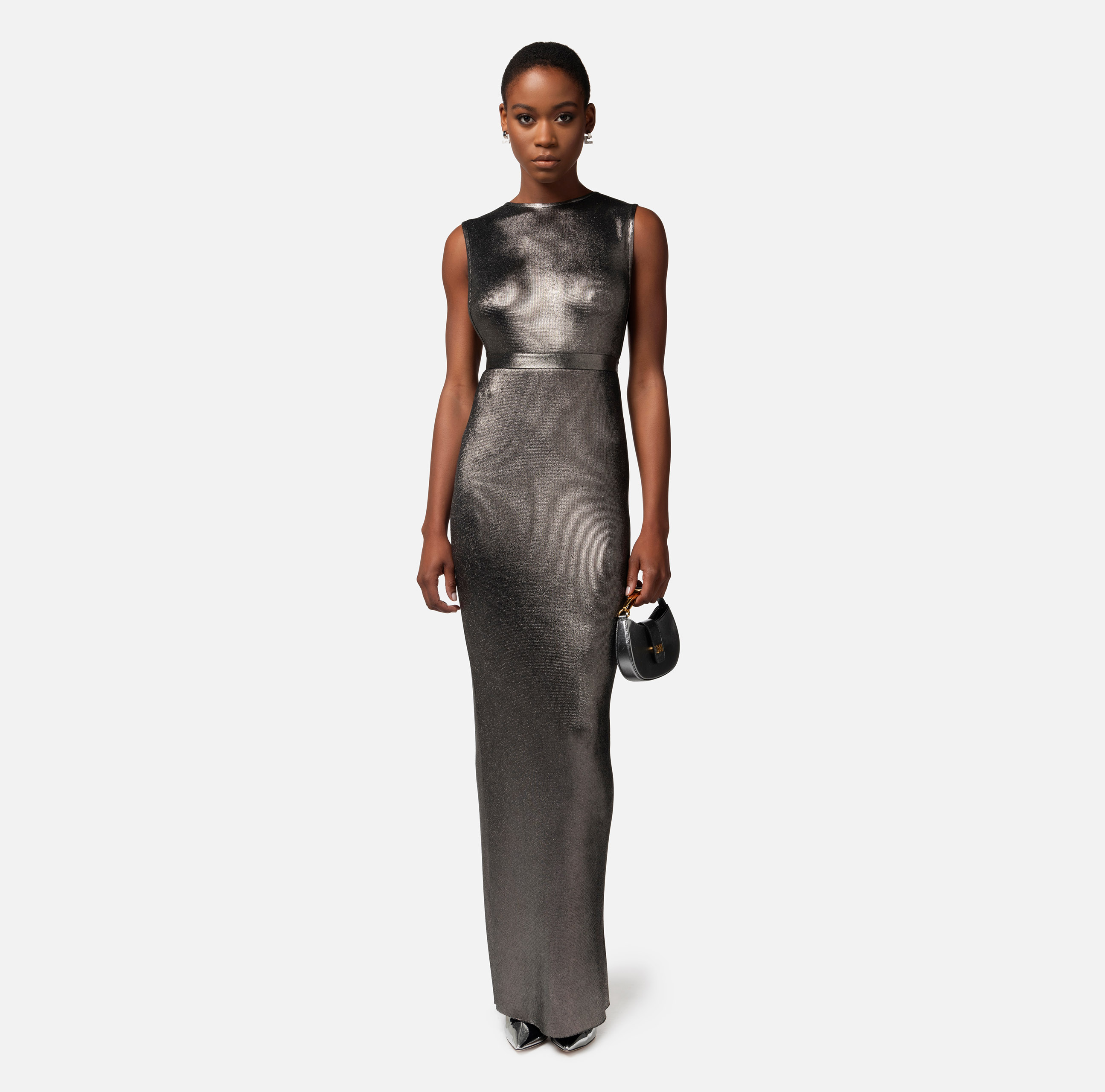 Red carpet dress in laminated viscose fabric with necklace