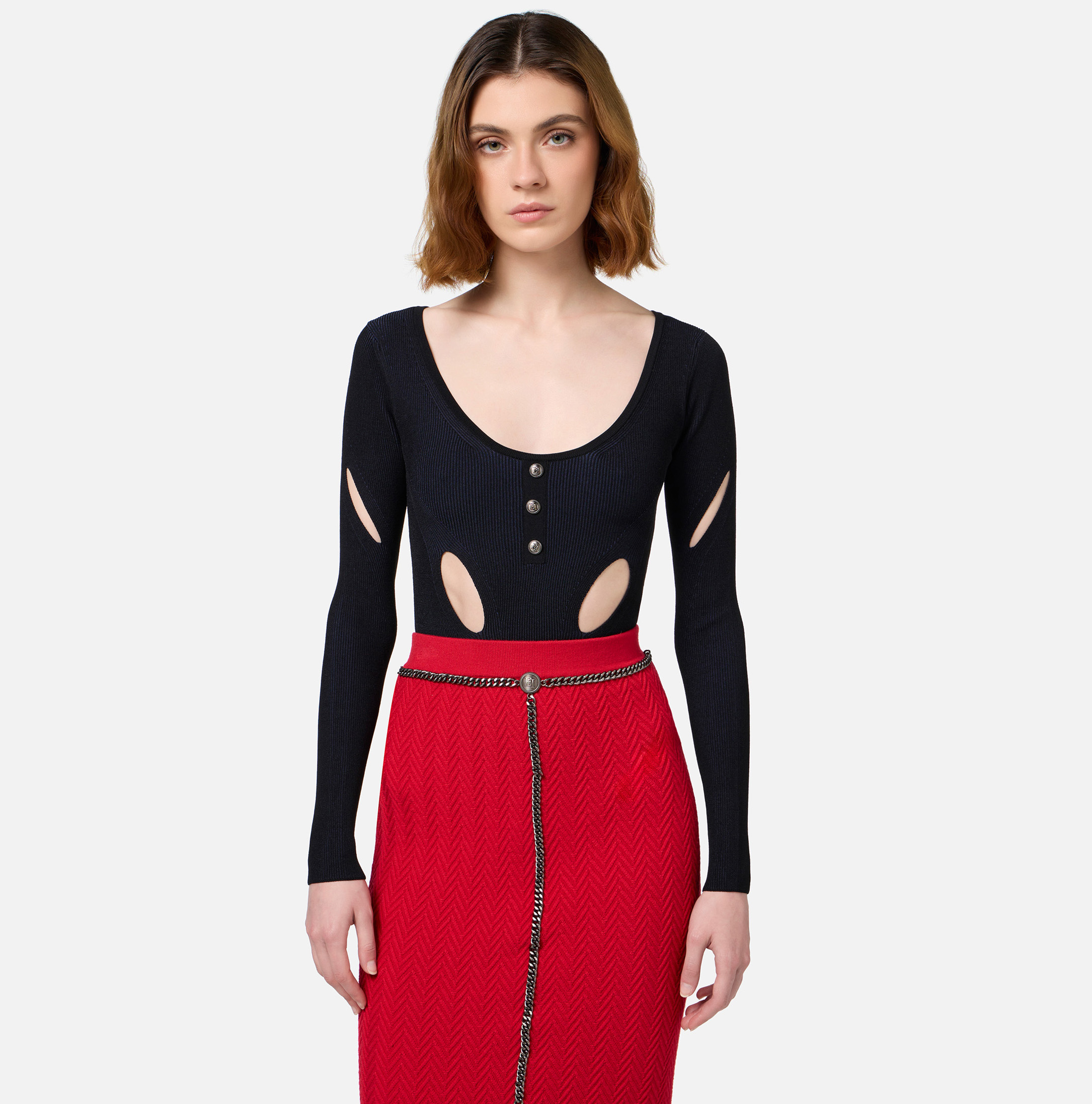 ELISABETTA FRANCHI 胸ポケットロゴ リブ ニット トップス ELISABETTA FRANCHI 胸ポケットロゴ リブ ニット トップス