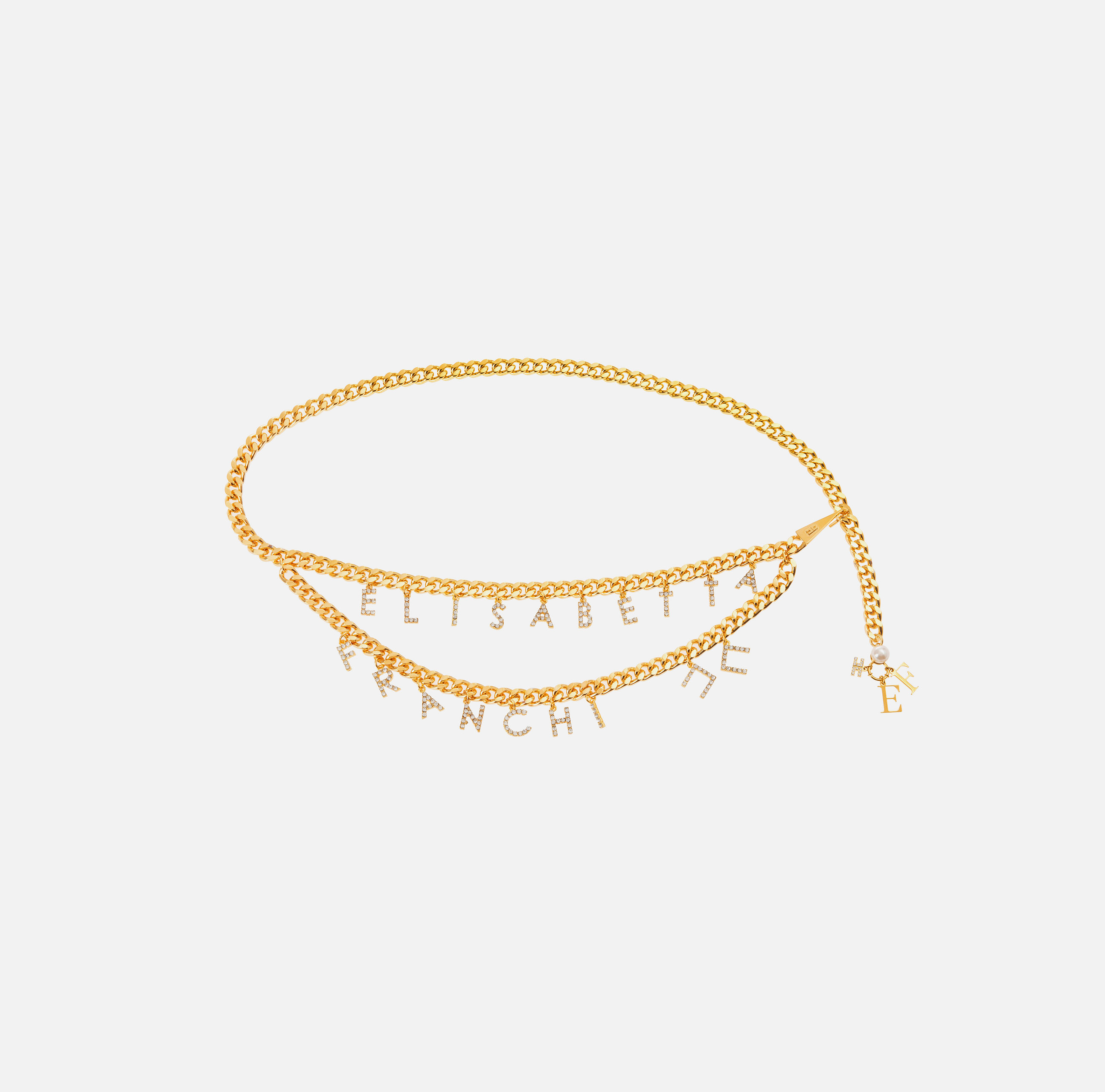 【★完売必至★】ELISABETTA FRANCHI ☆ チャームベルト Chain belt with rhinestone lettering | Elisabetta Franchi