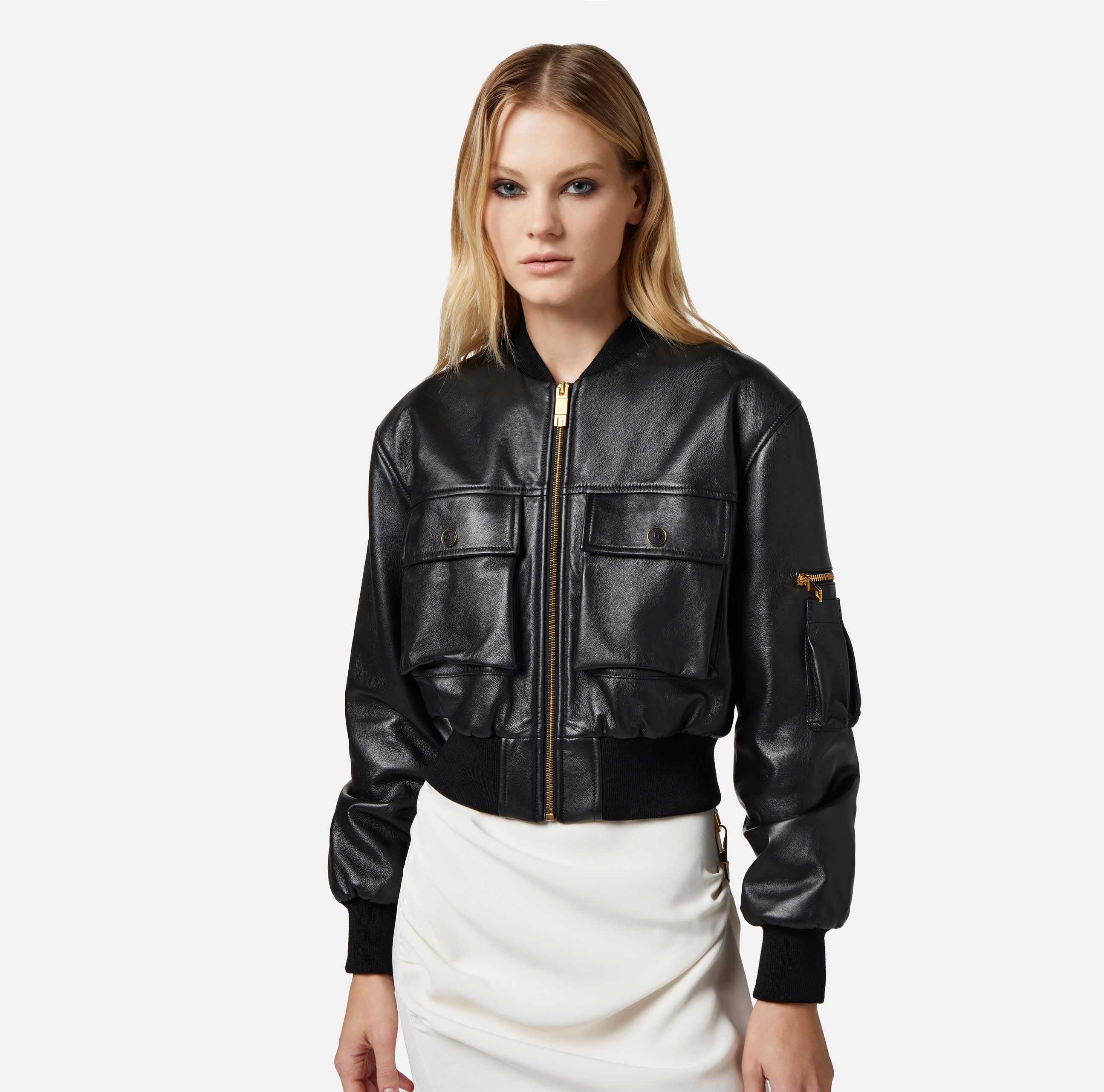 Leather cropped bomber jacket | Elisabetta Franchi® Outlet