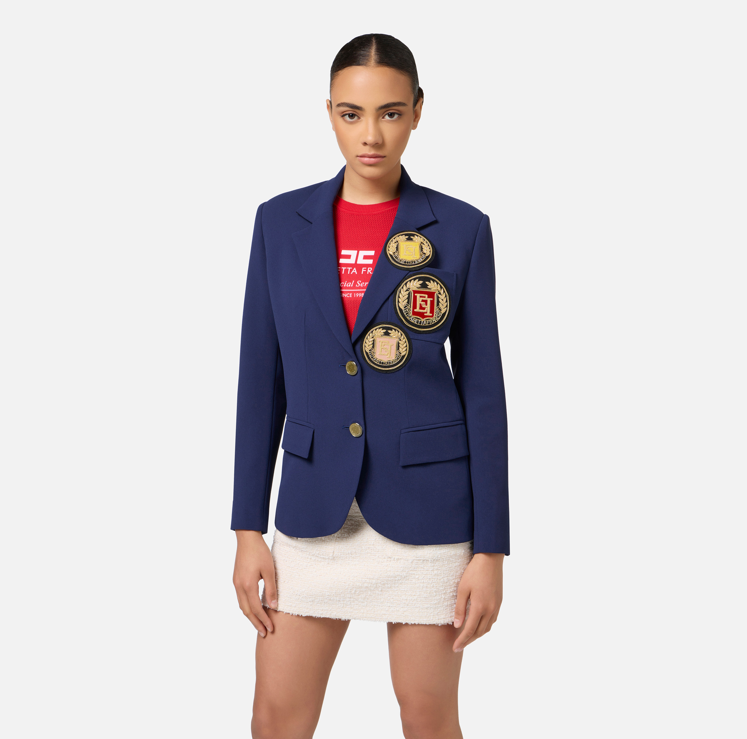 【25-26AW】ELISABETTA FRANCHI ロゴ クレープジャケット ２色 Double-breasted crêpe jacket with logo print | Elisabetta
