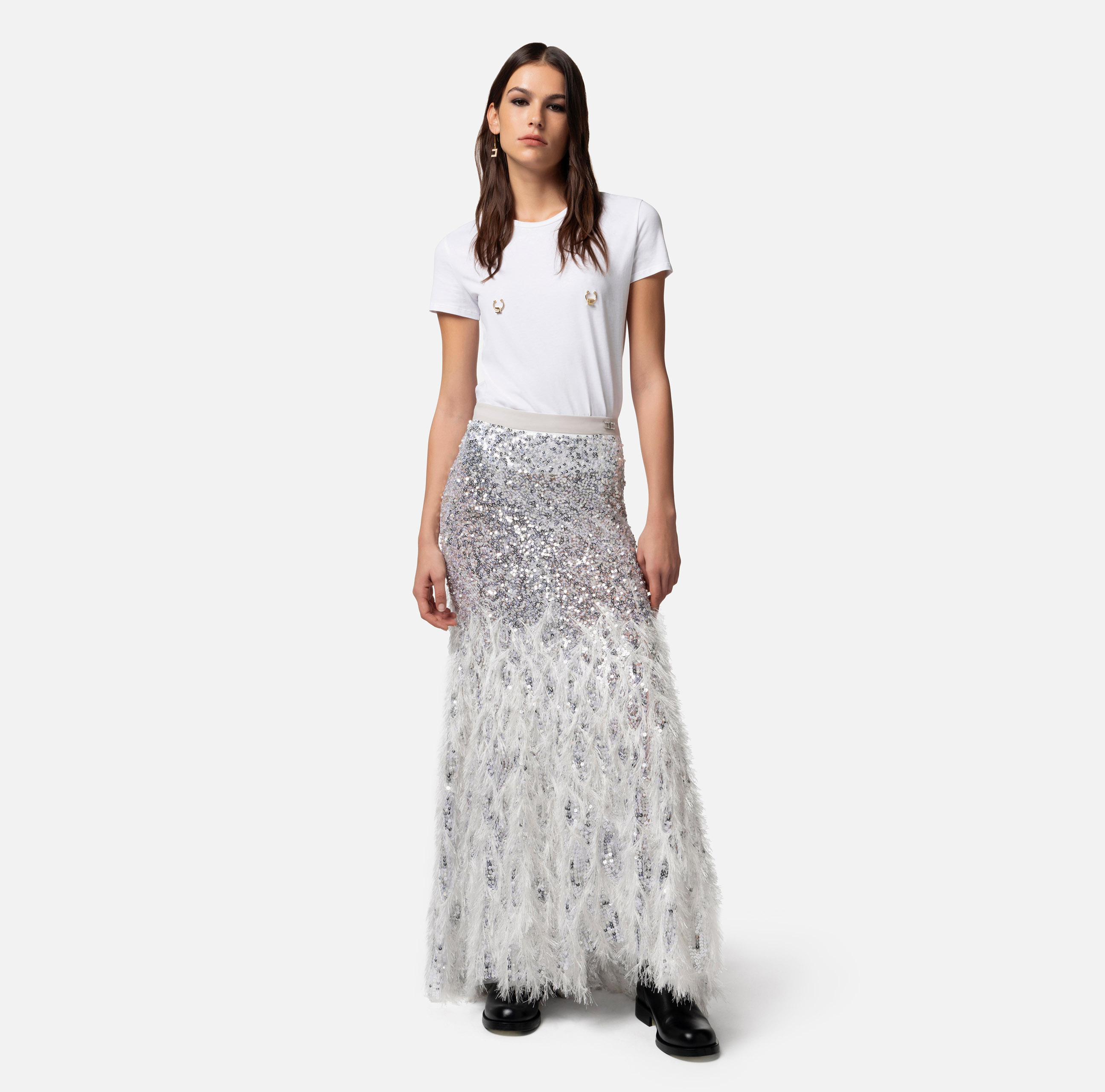 スカート ELISABETTA FRANCHI Women Skirts AB77151E2E84 White Elisabetta Franchi Belted Satin Skirt | White | FARFETCH