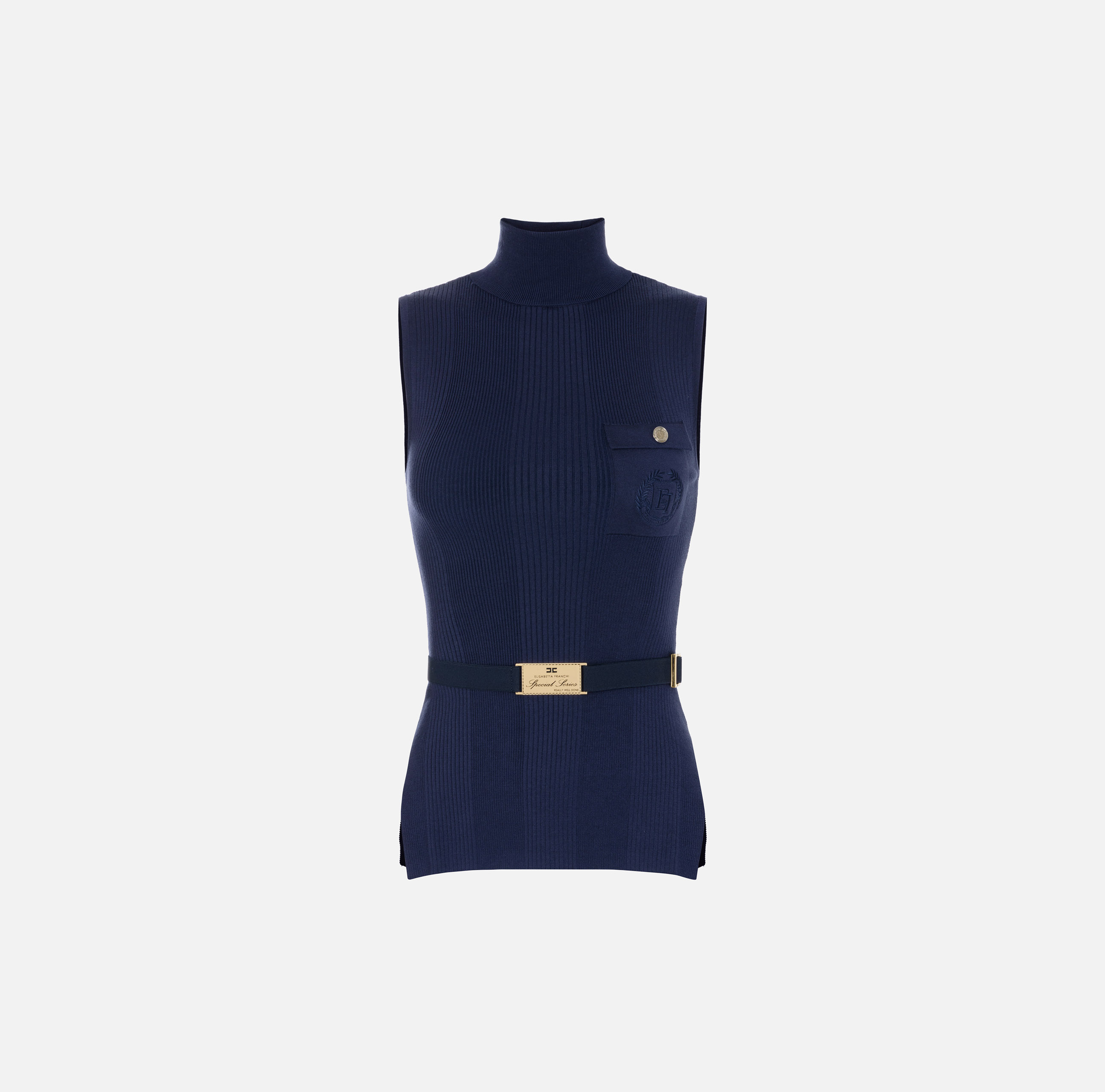 Top dolcevita in viscosa e seta a costine con ricamo logo