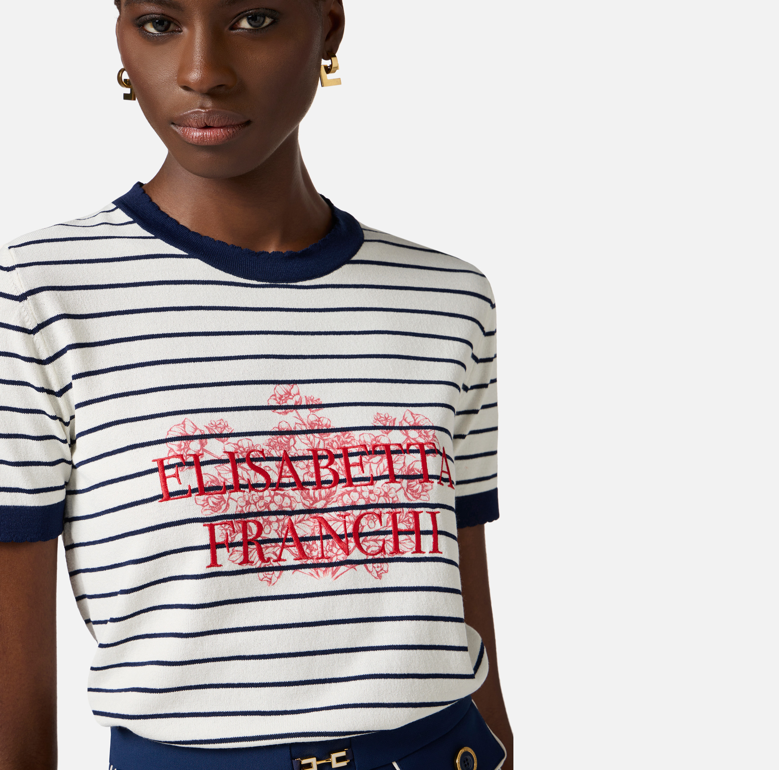 Viscose t-shirt with print and embroidery | Elisabetta Franchi® Outlet