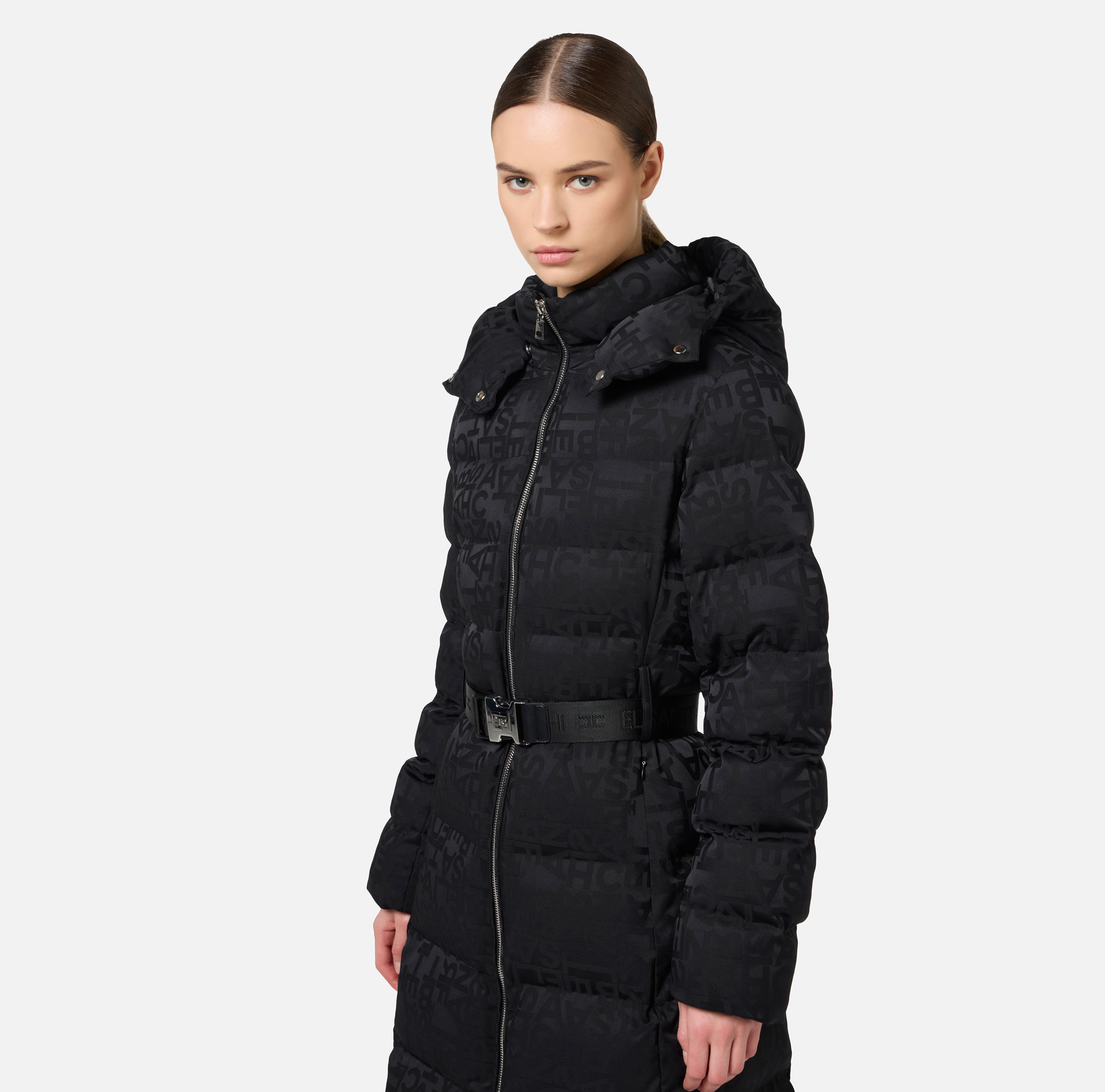 ダウンジャケット・コート ELISABETTA FRANCHI Women Outer PI71D46E2 110 Black Long down jacket in nylon jacquard with lettering