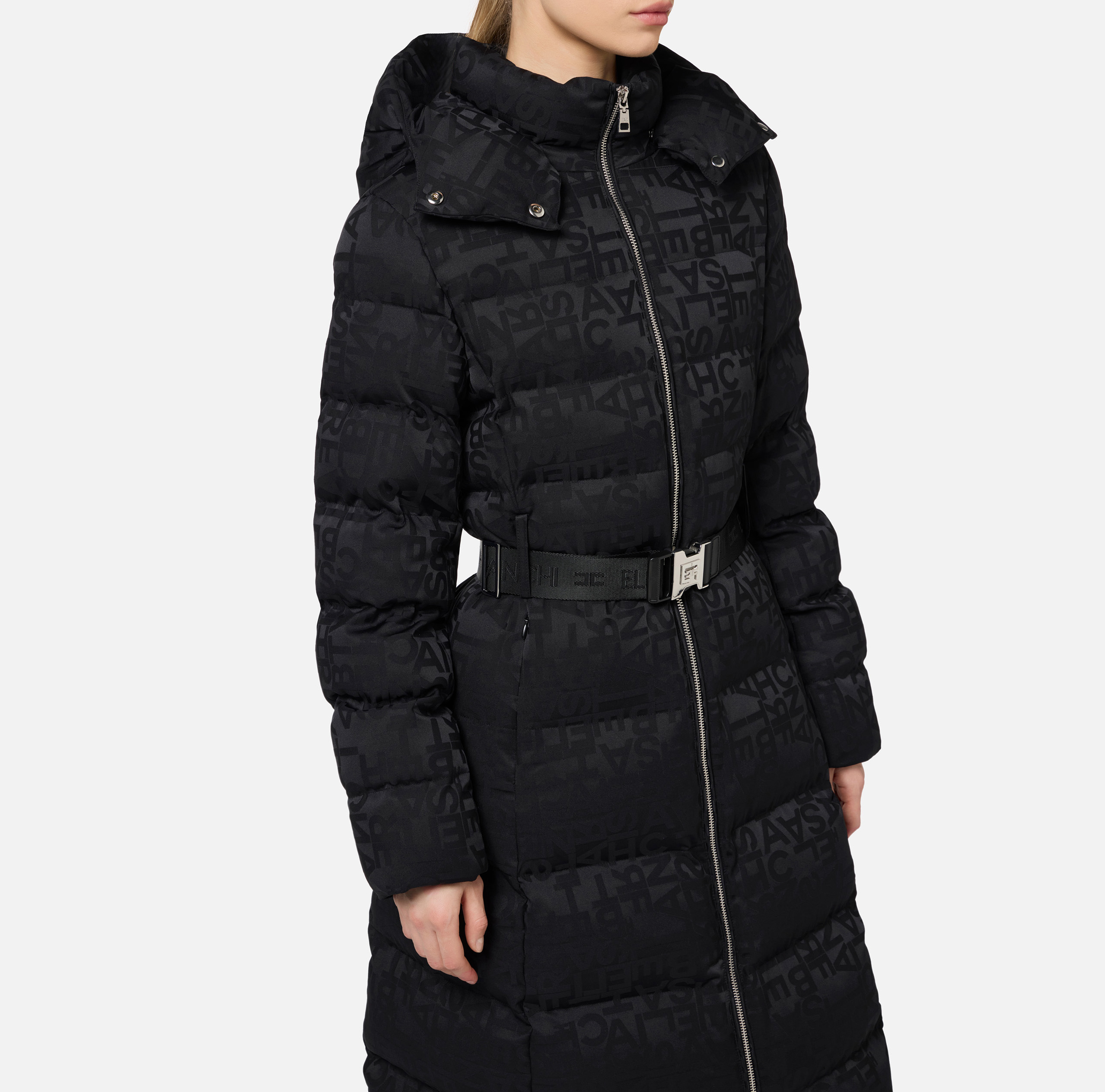 Long down jacket in nylon jacquard with lettering | Elisabetta