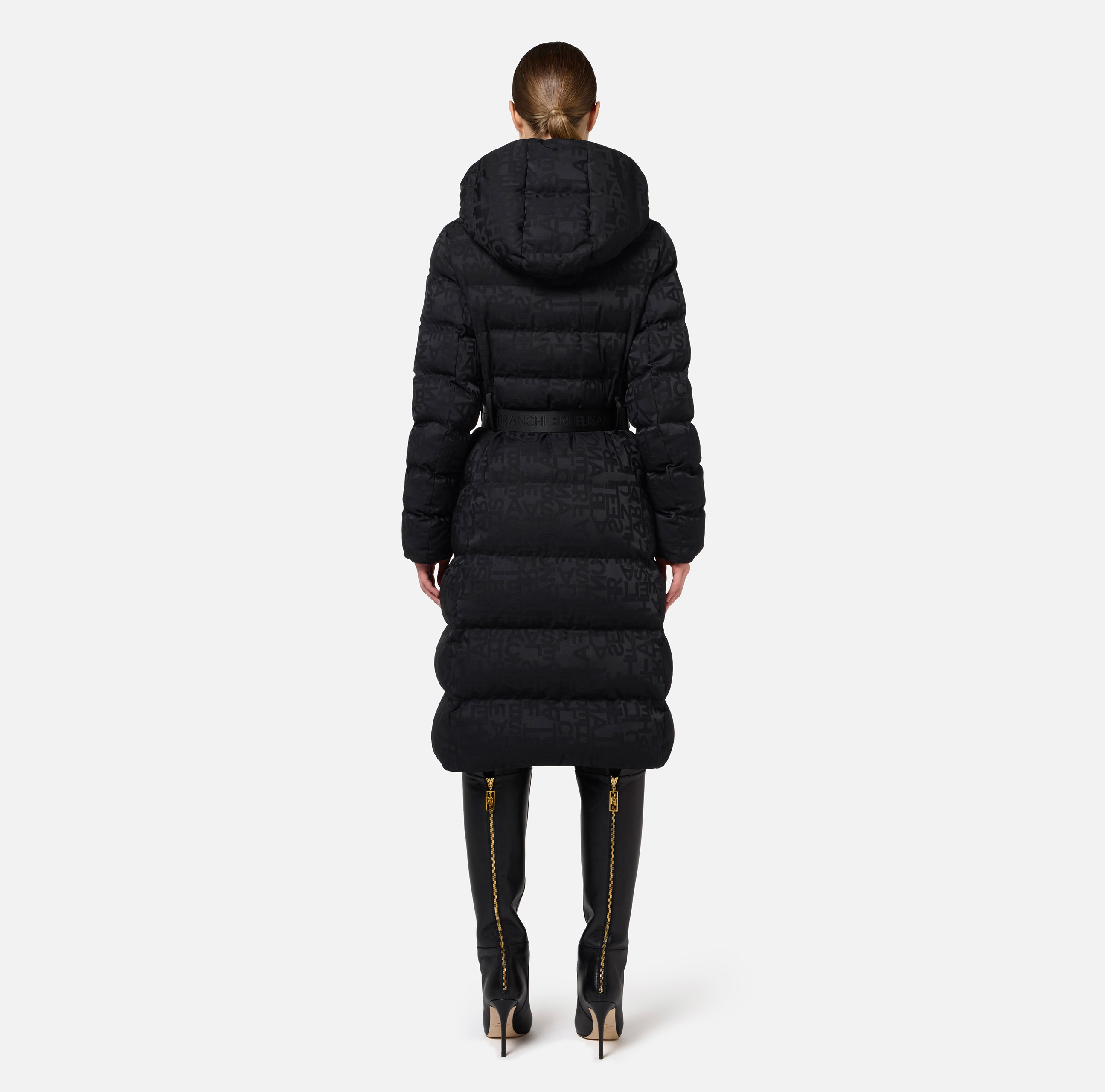 Long down jacket in nylon jacquard with lettering