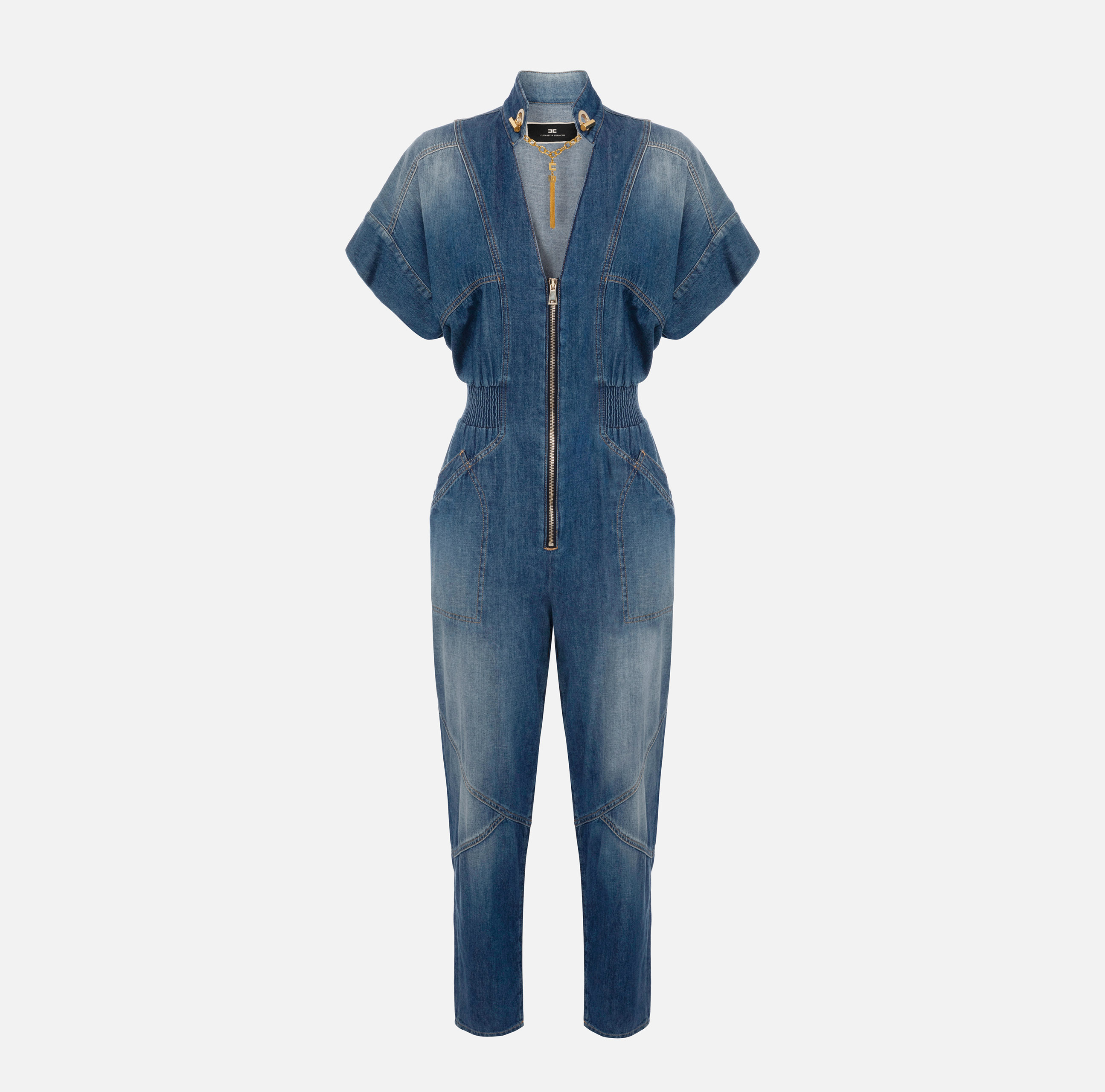 Denim jumpsuit with cufflink on the neckline | Elisabetta