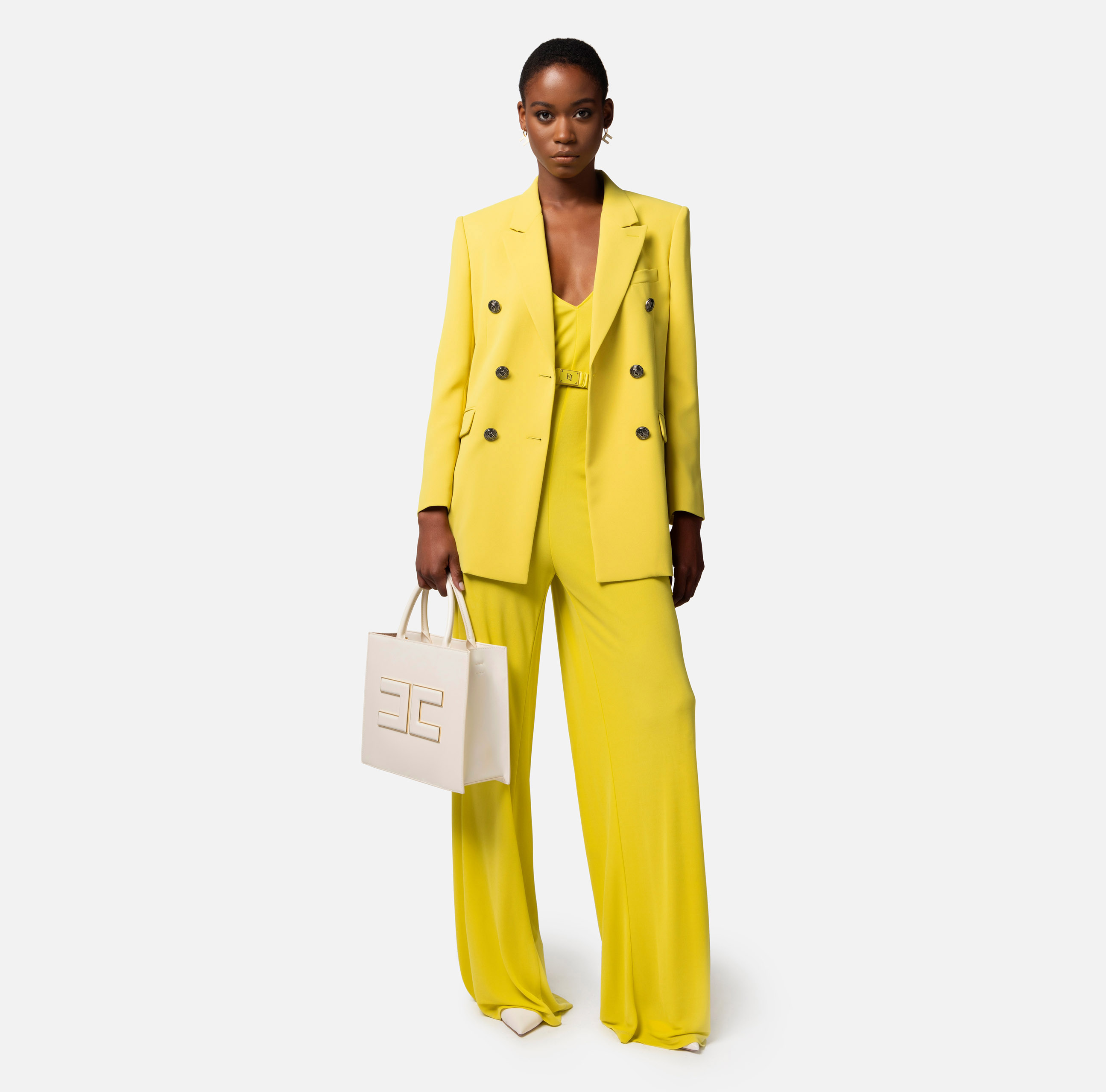 Jersey wide jumpsuit with belt and logoed buckle