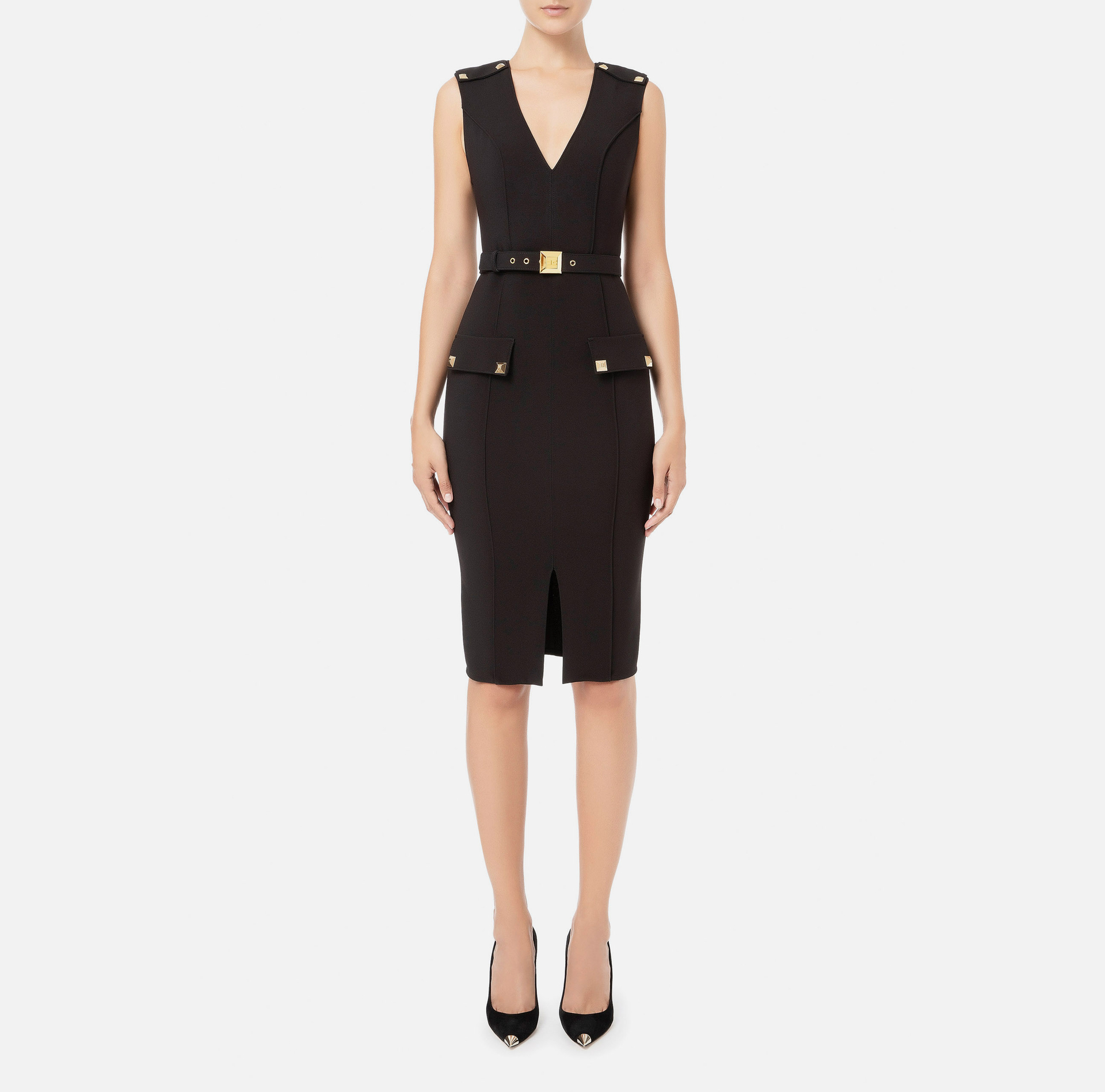Sleeveless calf-length dress with buttons and logoed belt - Elisabetta Franchi® Outlet