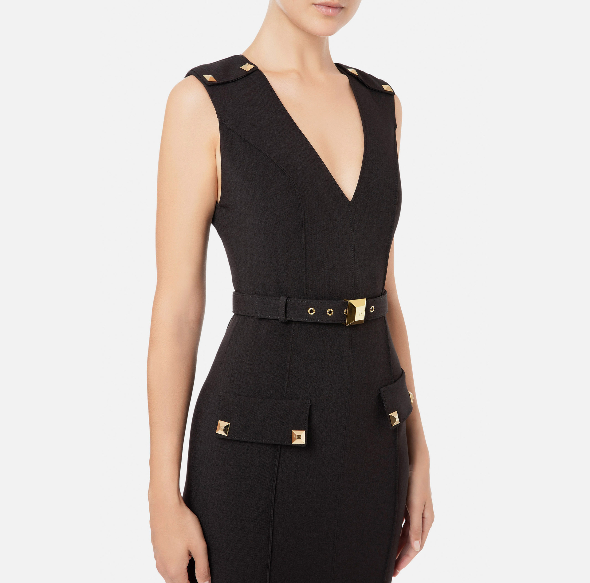 Sleeveless calf-length dress with buttons and logoed belt - Elisabetta Franchi® Outlet