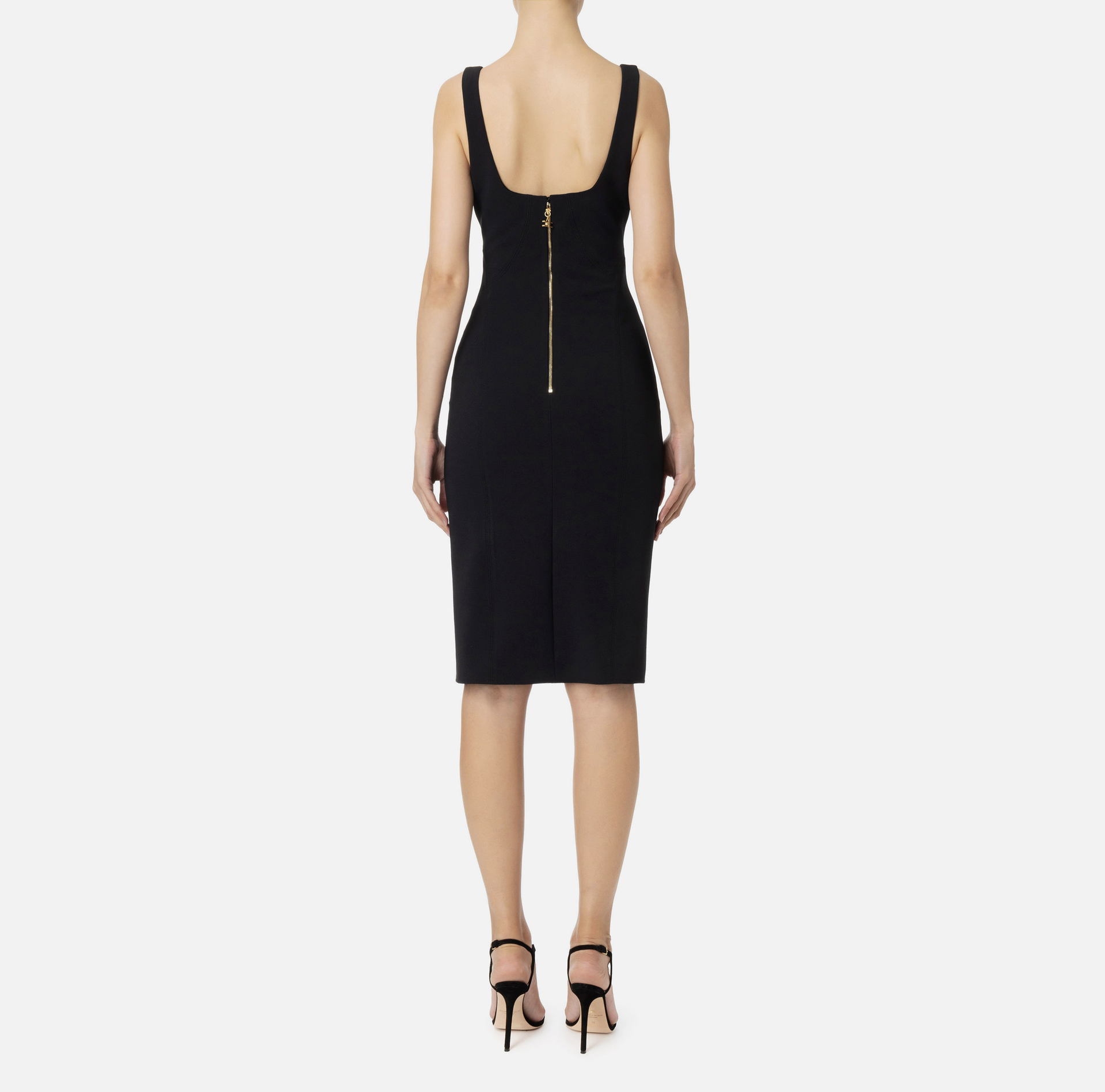 Abito a tubino smanicato con placca logo in vita - Elisabetta Franchi® Outlet