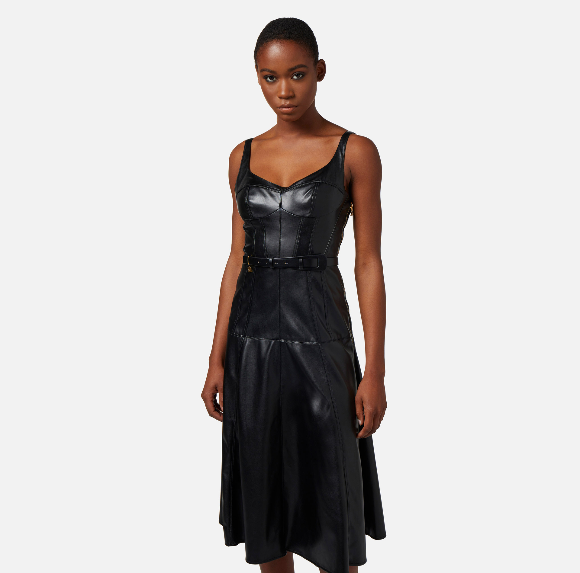 Leather-effect midi dress with bustier cuts - Elisabetta Franchi® Outlet