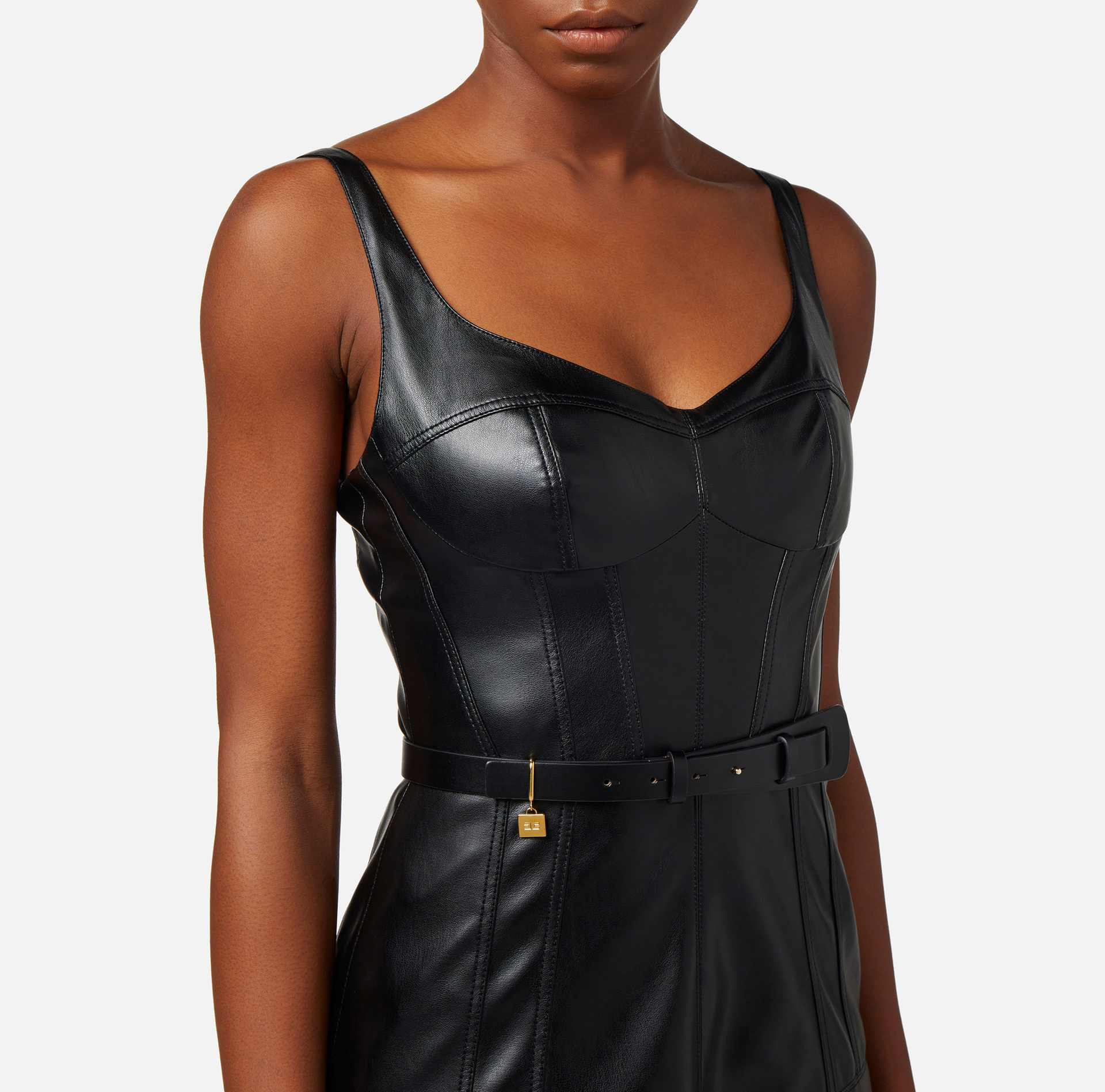 Leather-effect midi dress with bustier cuts - Elisabetta Franchi® Outlet