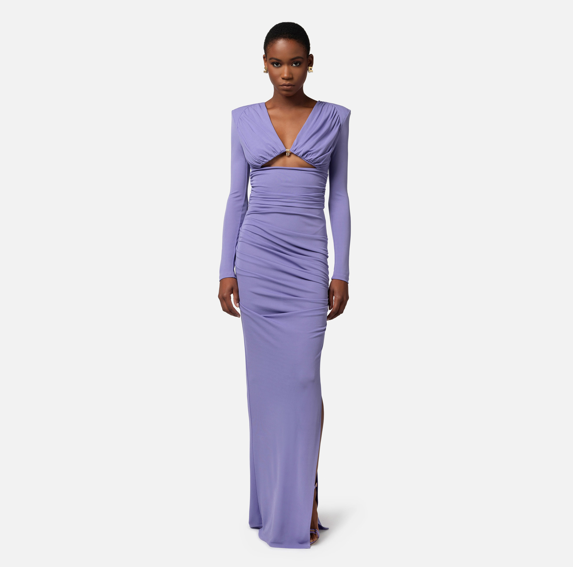 Red carpet dress in draped jersey with cut-out - Elisabetta Franchi® Outlet