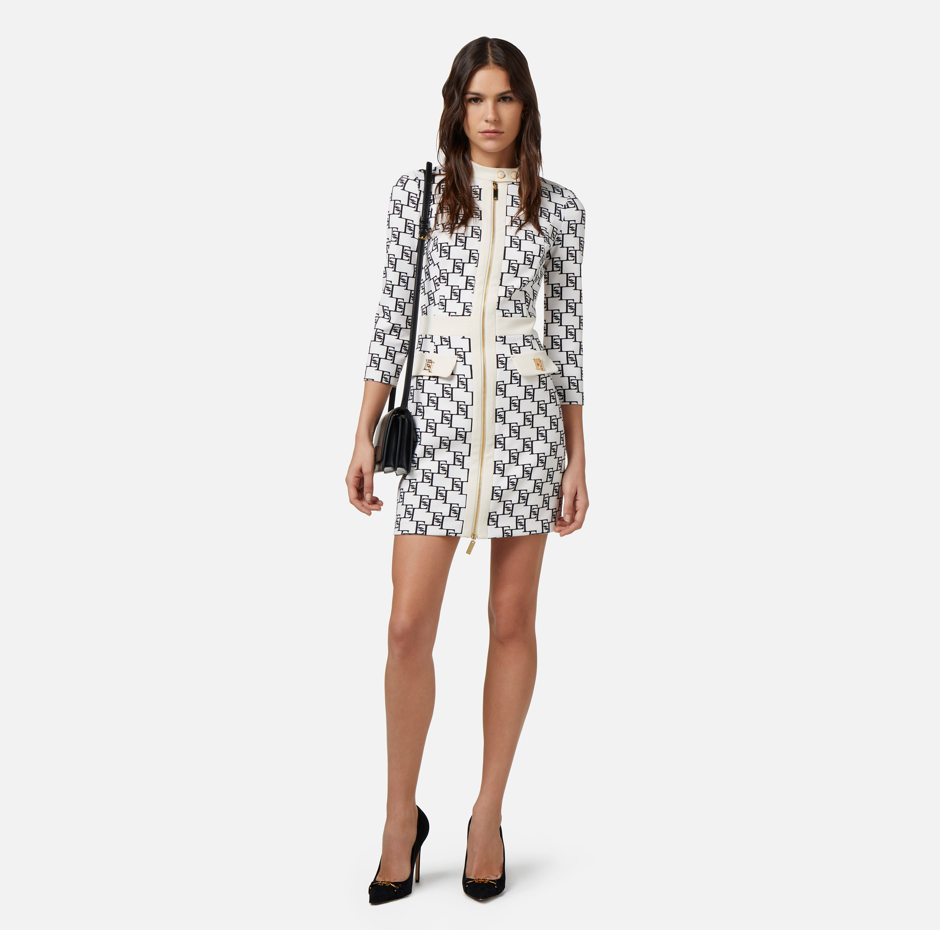 Stretch crêpe mini-dress with logo print - Elisabetta Franchi® Outlet
