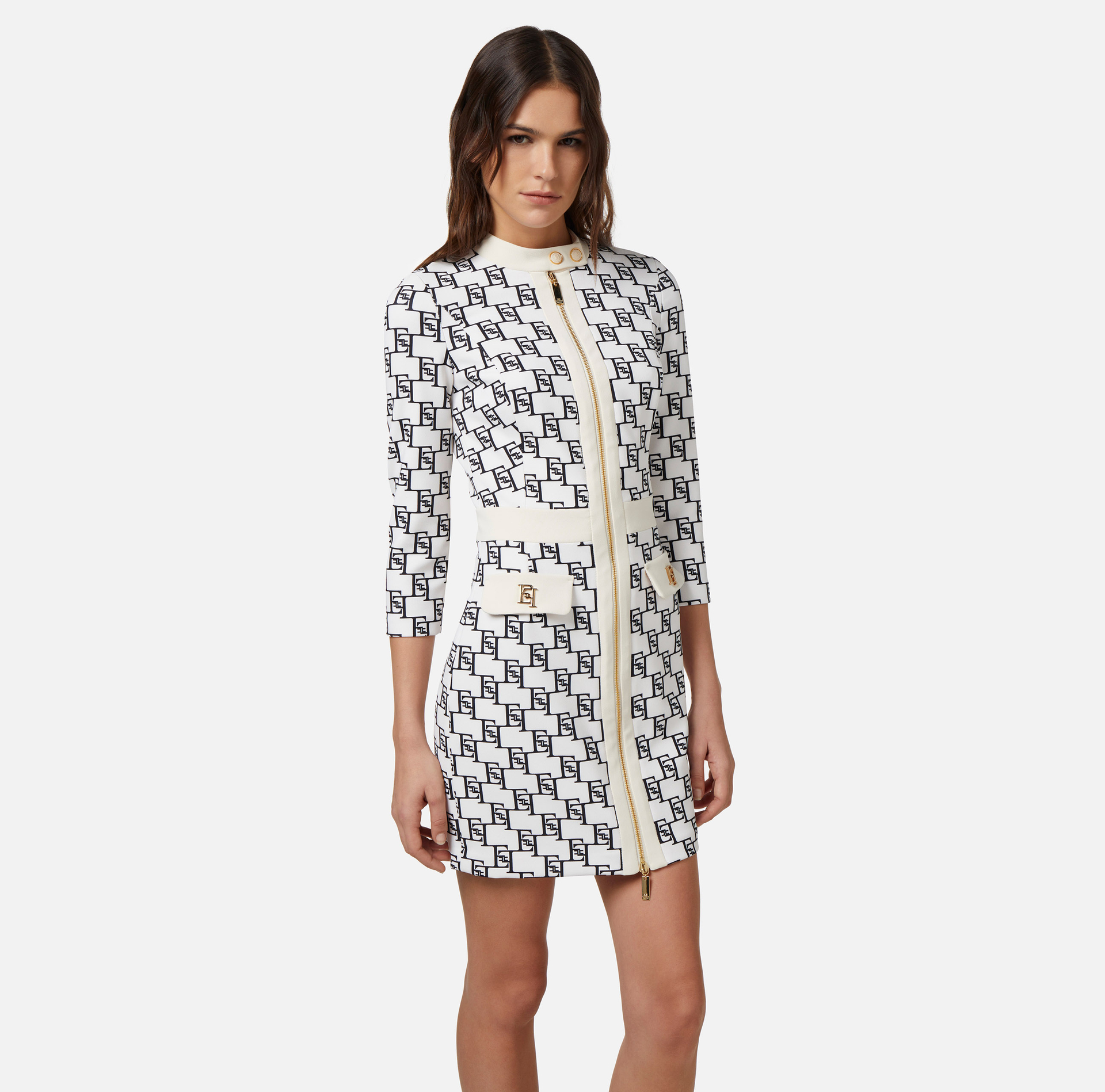 Stretch crêpe mini-dress with logo print - Elisabetta Franchi® Outlet