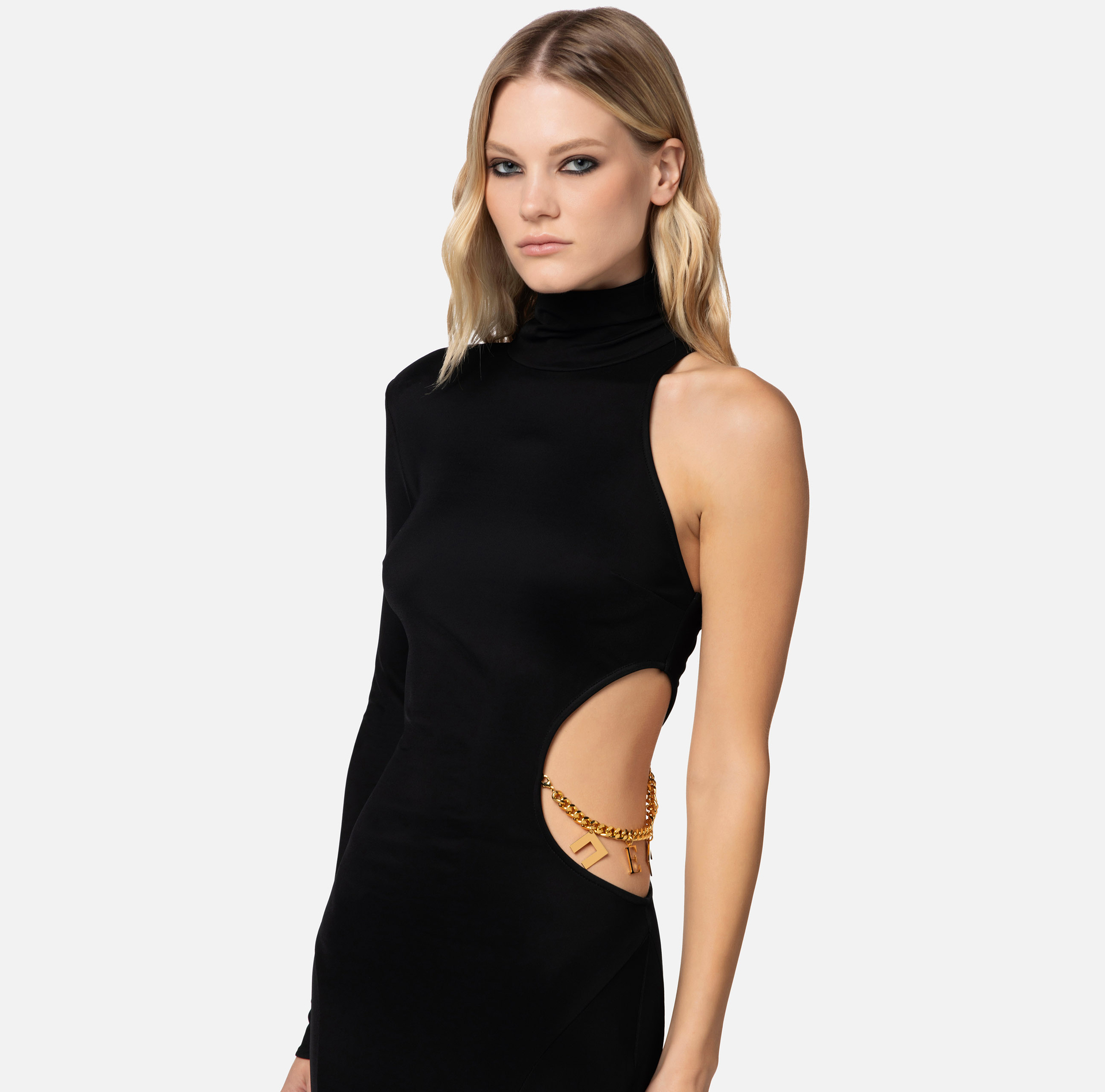 Red carpet one-shoulder dress in shiny jersey with cut-outs - Elisabetta Franchi® Outlet