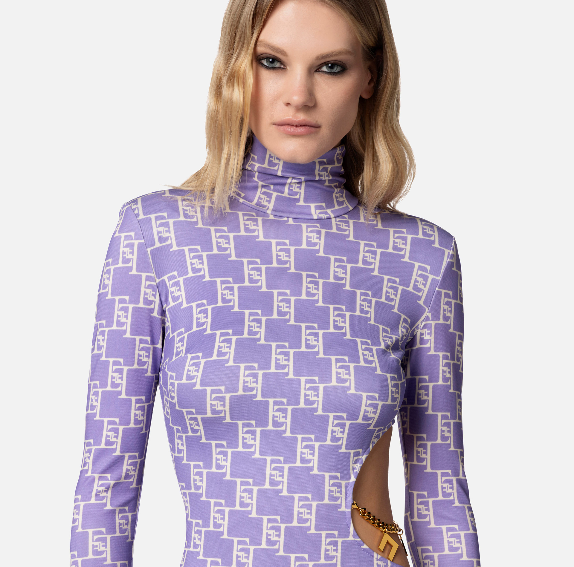 Mini-dress in viscose jersey with logo print and cut-out - Elisabetta Franchi® Outlet