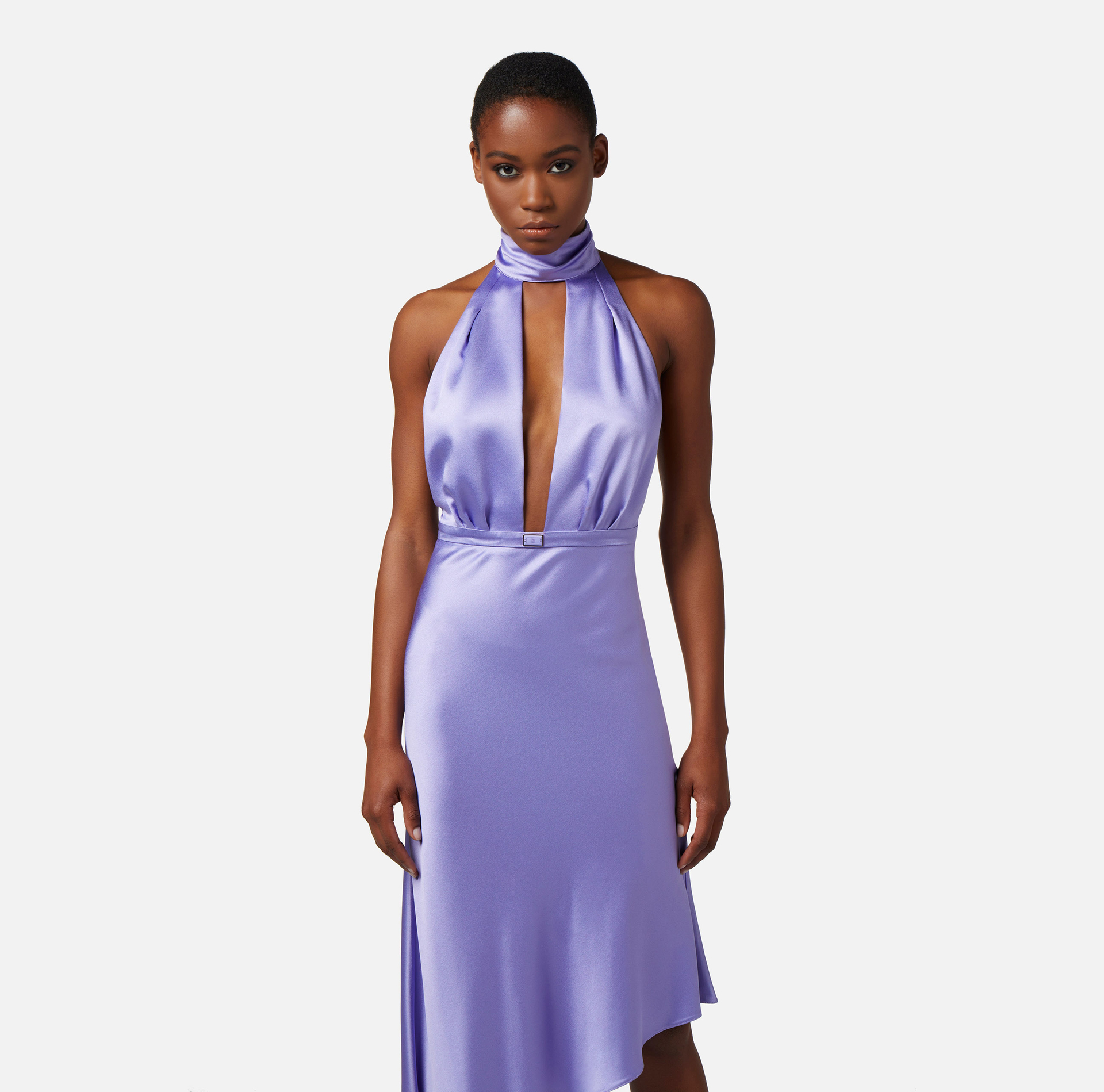 Midi dress made of satin with asymmetric skirt - Elisabetta Franchi® Outlet