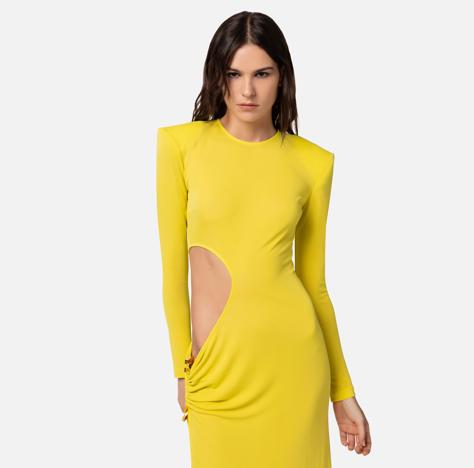 Red carpet dress in draped jersey with cut-out - Elisabetta Franchi® Outlet