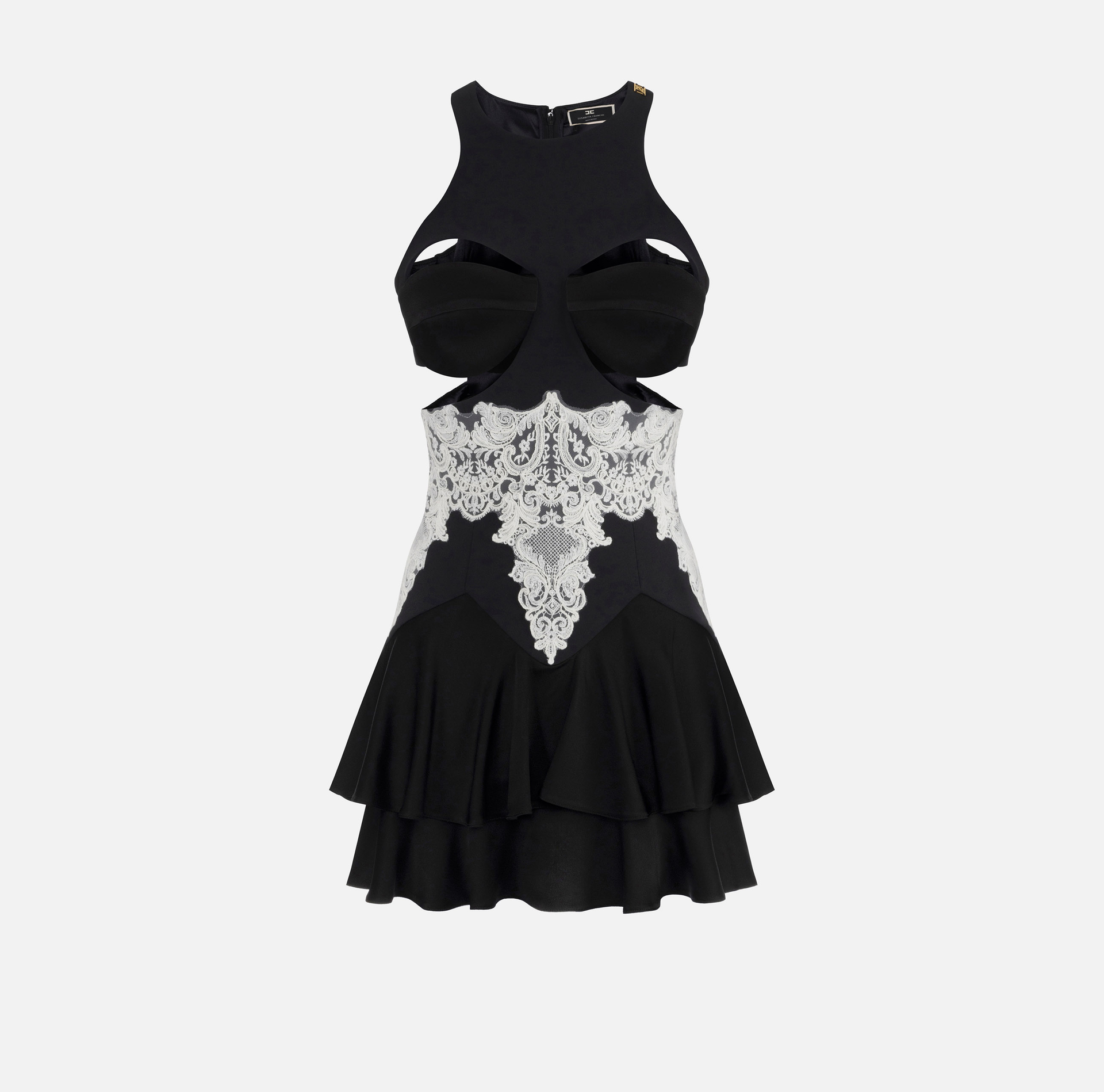 Mini-dress in double layer crêpe fabric with cups and lace | Elisabetta Franchi® Outlet