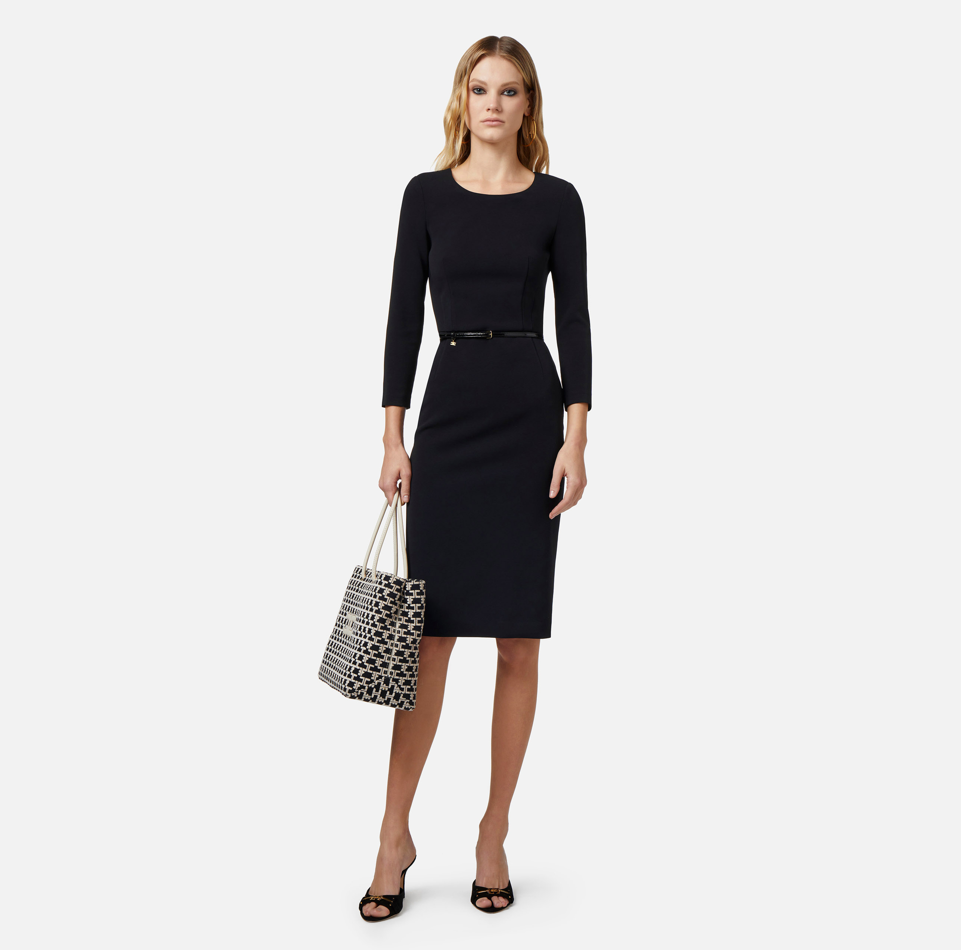 Technical fabric midi dress with belt - Elisabetta Franchi® Outlet