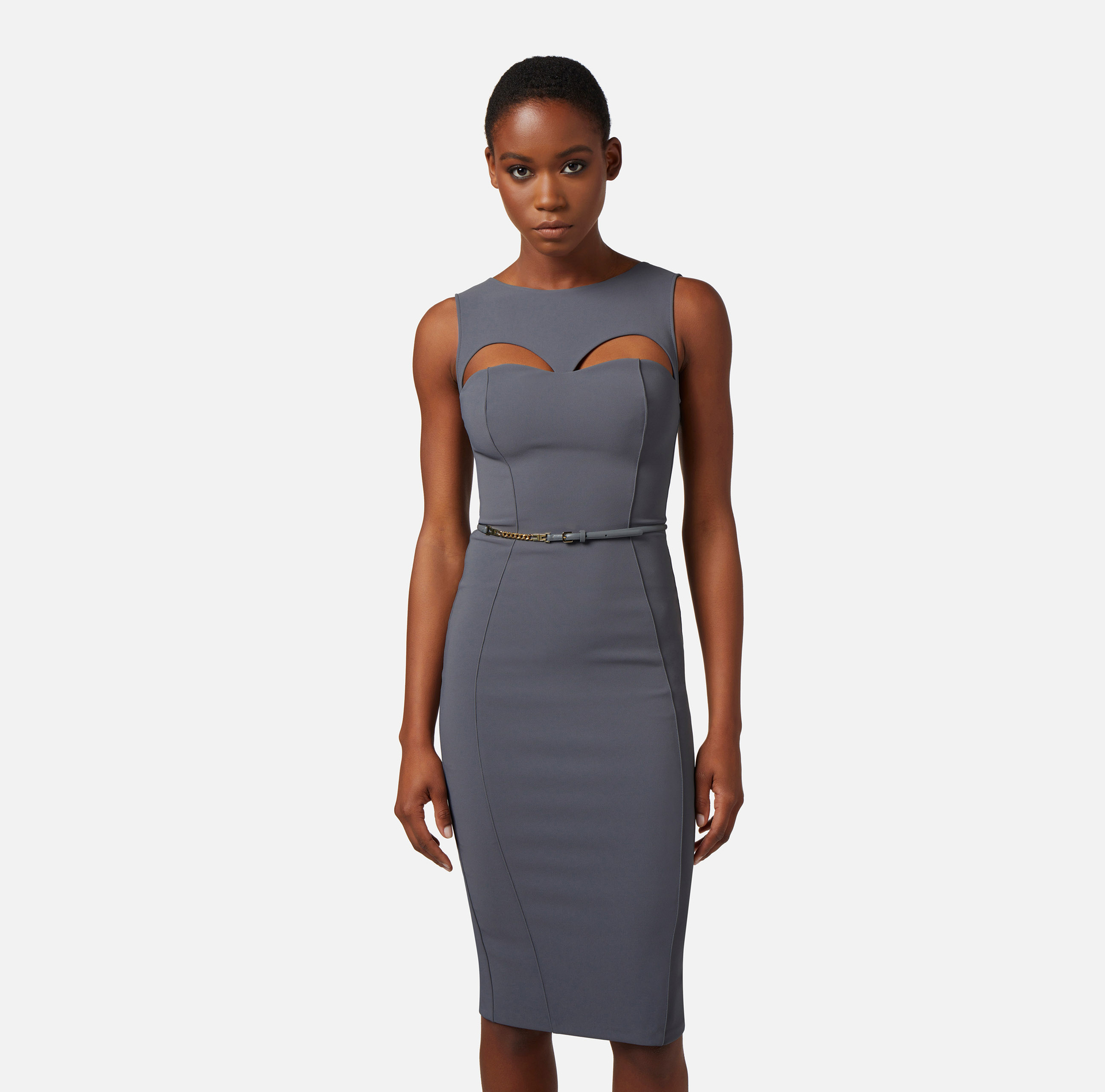 Technical fabric midi dress with belt and cut-out - Elisabetta Franchi® Outlet