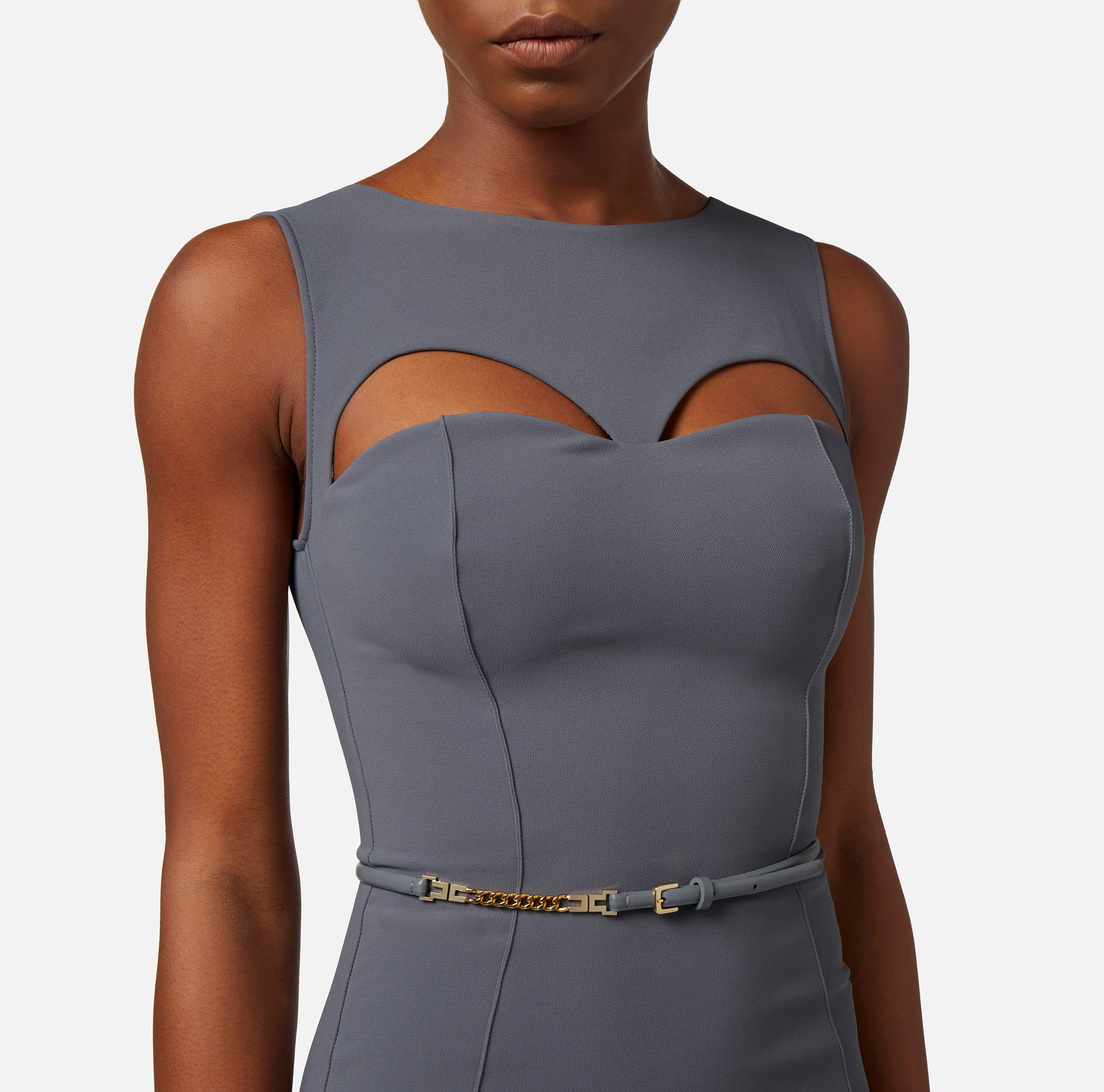 Technical fabric midi dress with belt and cut-out - Elisabetta Franchi® Outlet