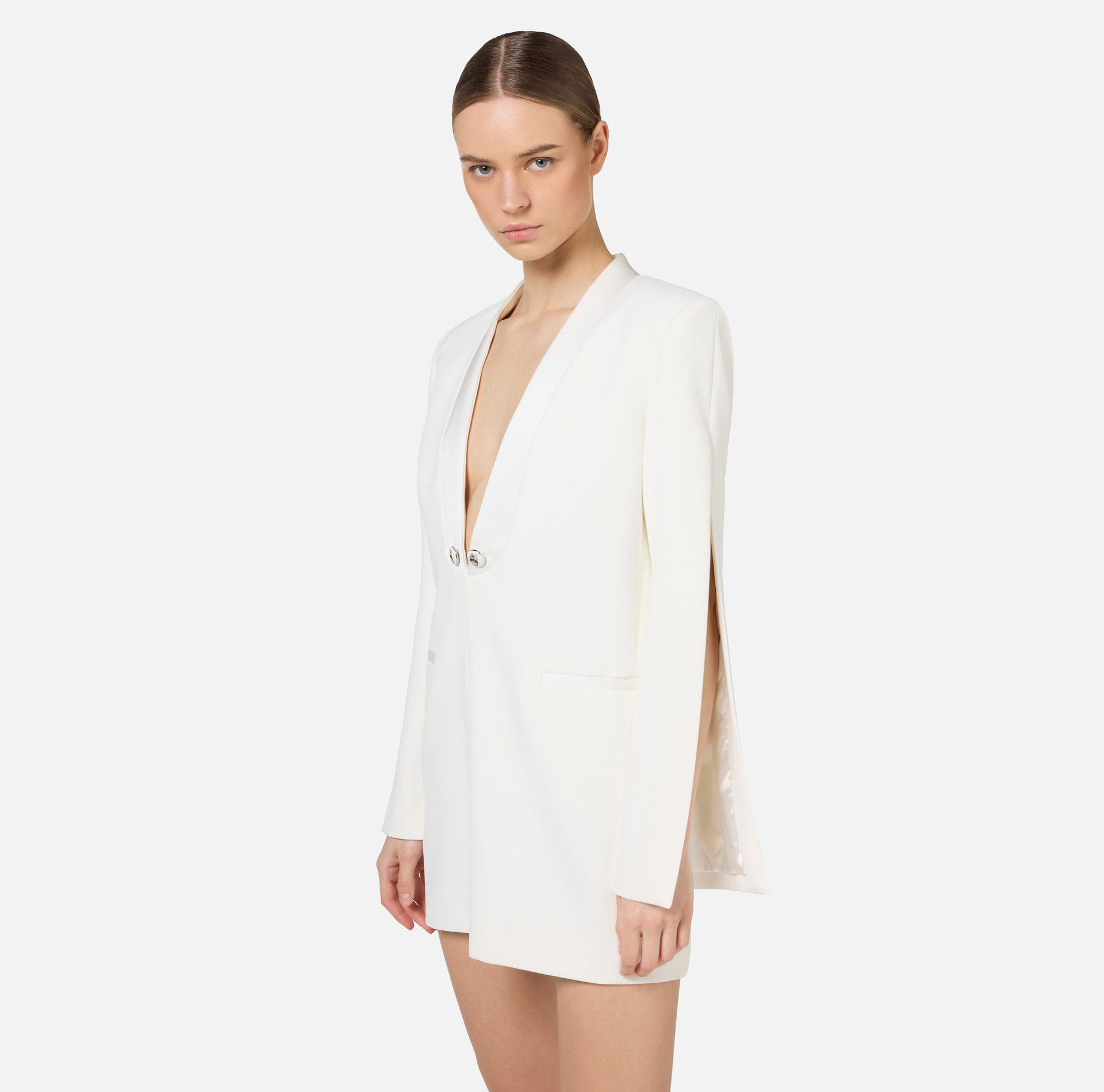 Kleid im Boxy-Schnitt aus Crêpe mit Revers aus Satin | Elisabetta Franchi® Outlet