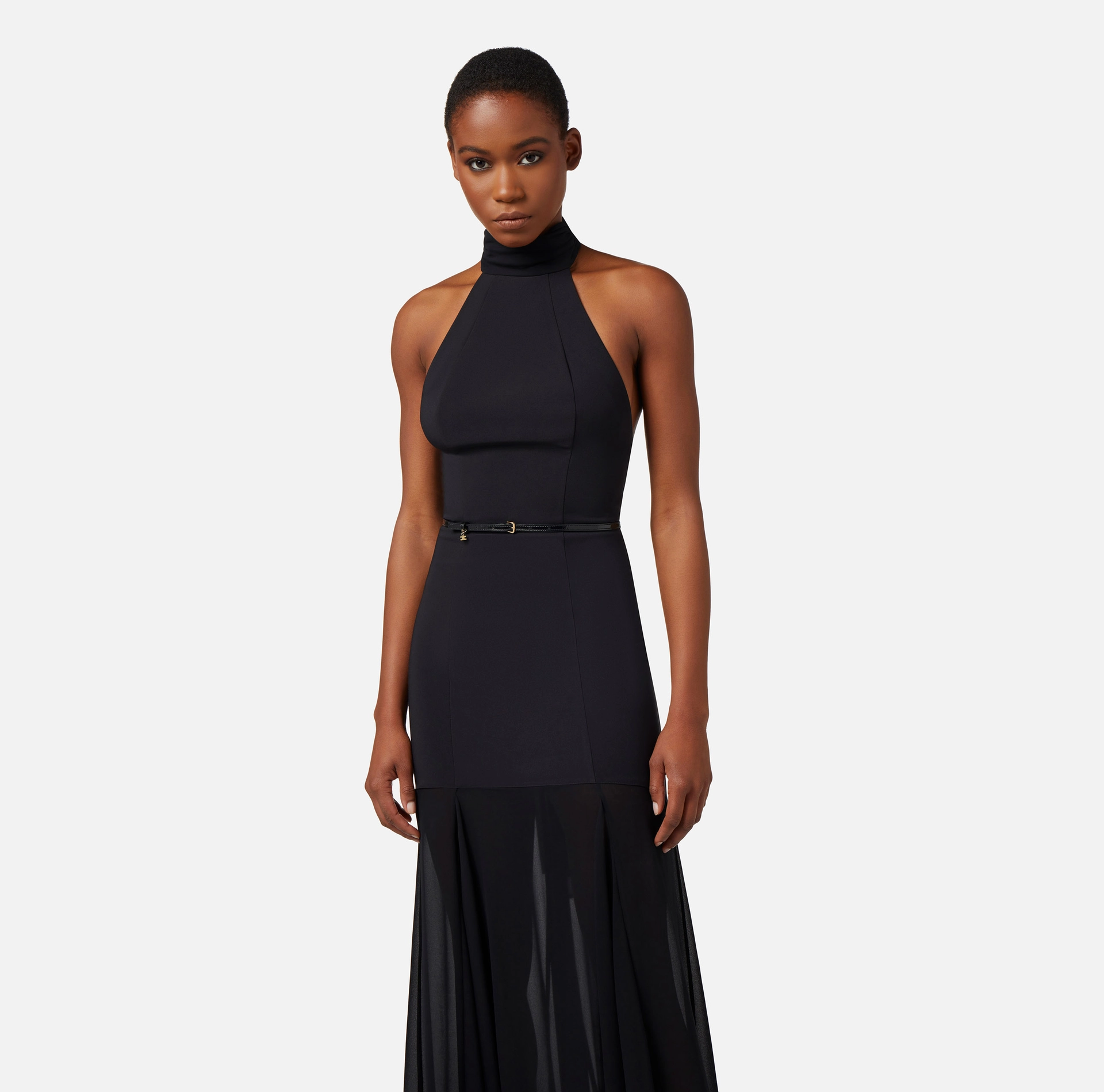 Red carpet dress in crêpe fabric with halter neck - Elisabetta Franchi® Outlet