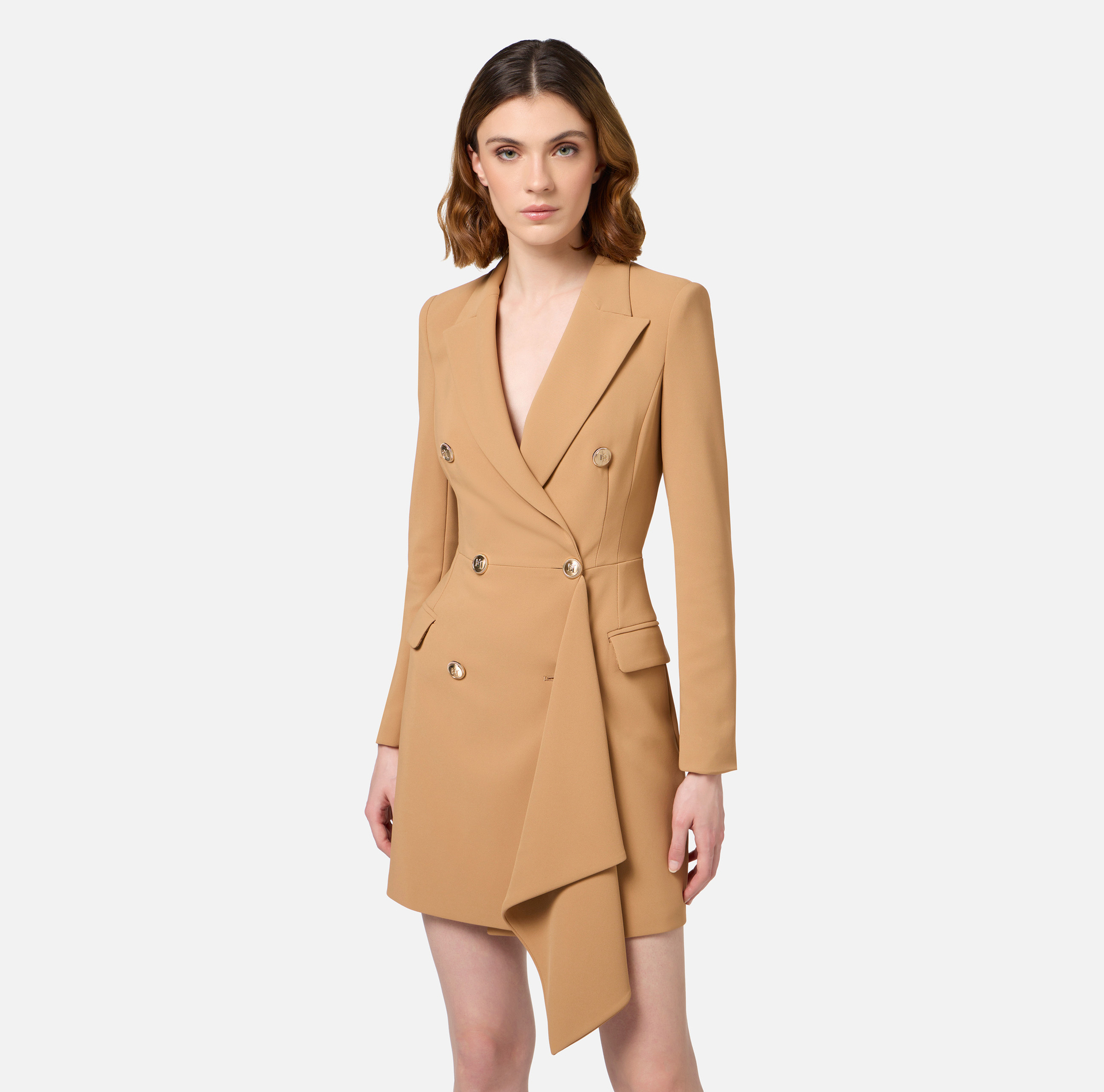 Robe-manteau à double boutonnage en crêpe avec ruche | Elisabetta Franchi® Outlet