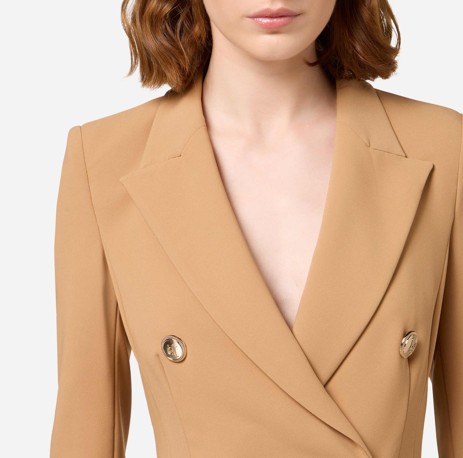 Robe-manteau à double boutonnage en crêpe avec ruche | Elisabetta Franchi® Outlet