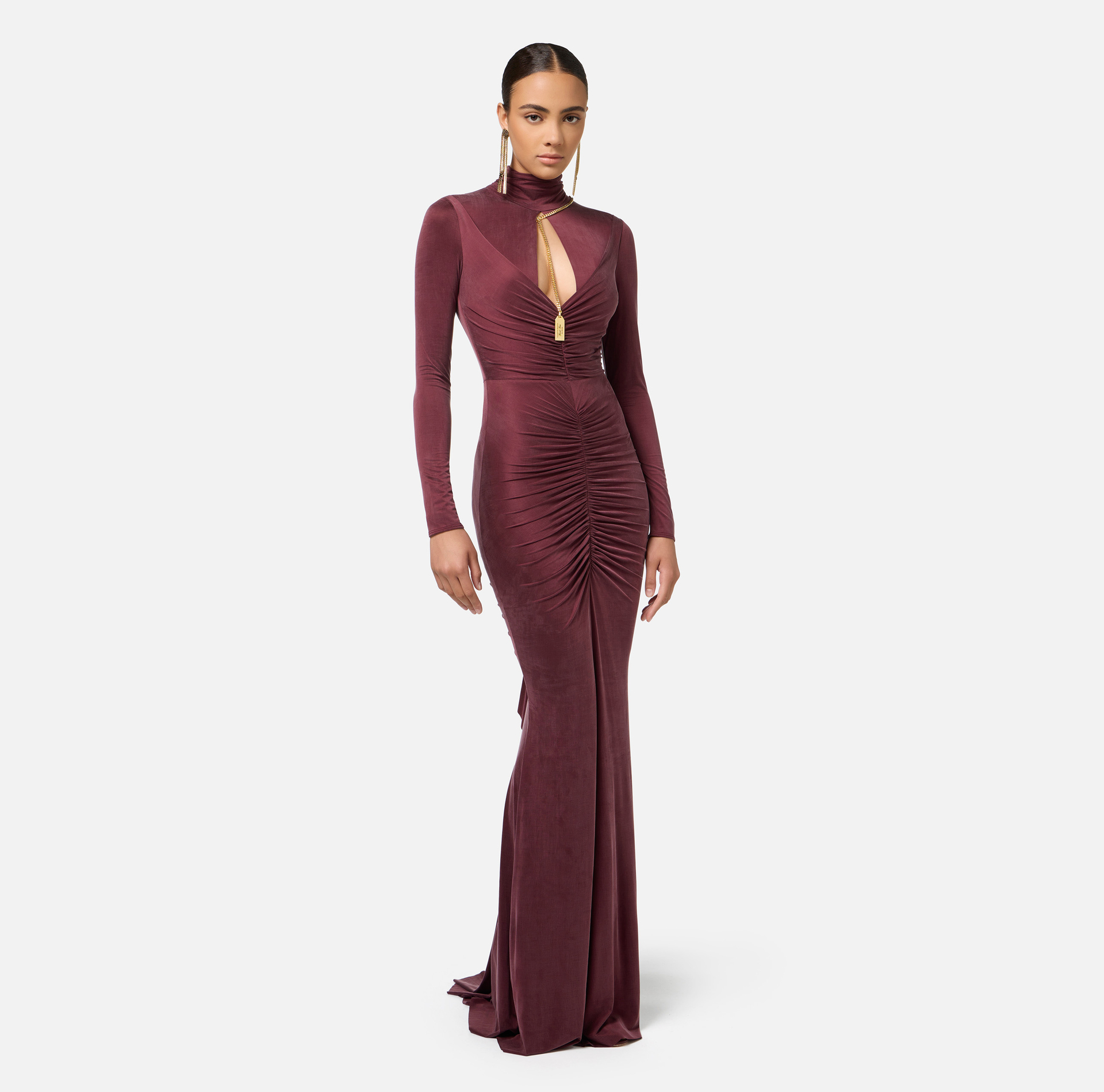 Red carpet dress in draped jersey with necklace | Elisabetta Franchi® Outlet