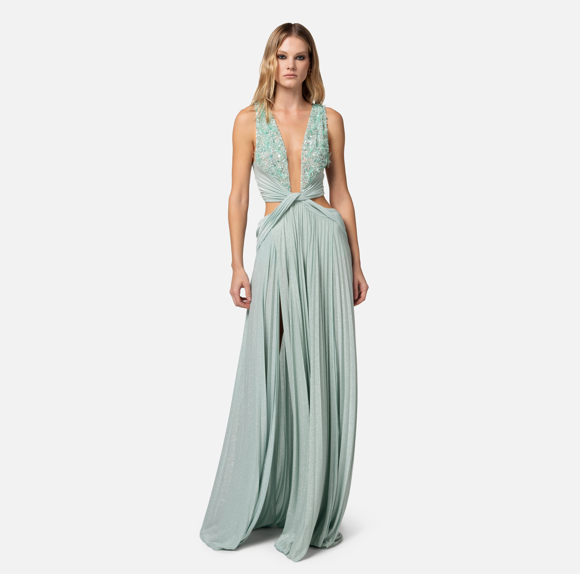Abito red carpet in jersey lurex plissettato con ricamo - Elisabetta Franchi® Outlet
