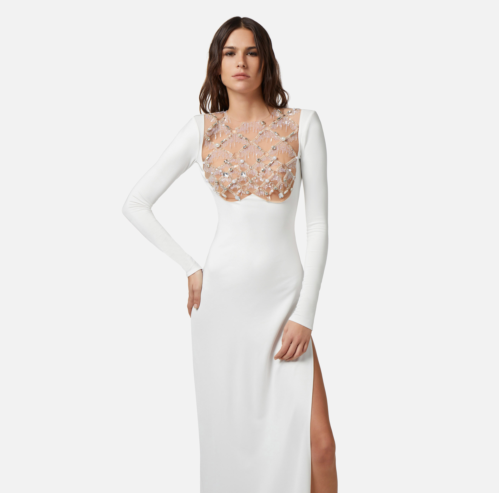 Red Carpet dress in jersey with embroidered bib - Elisabetta Franchi® Outlet