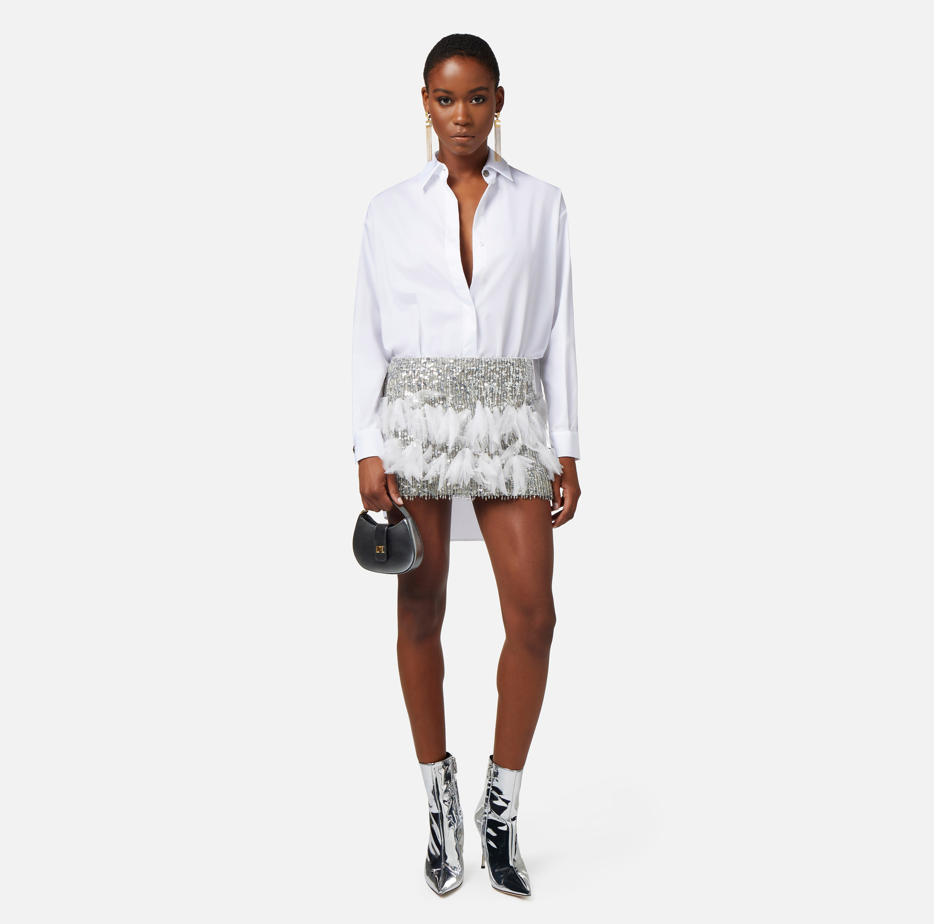 Shirt mini-dress with embroidered crêpe skirt - Elisabetta Franchi® Outlet