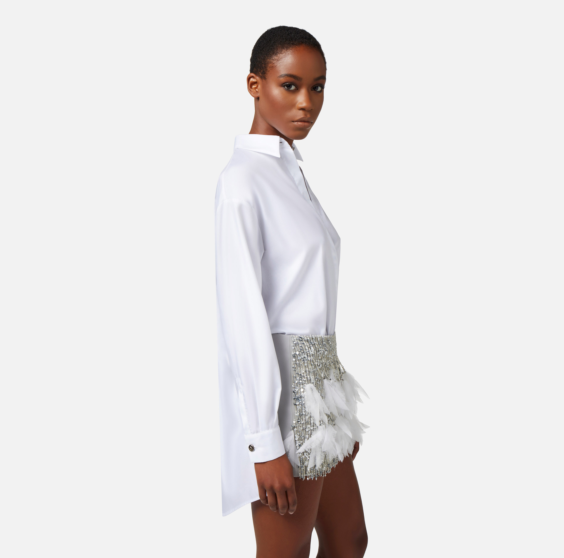 Shirt mini-dress with embroidered crêpe skirt - Elisabetta Franchi® Outlet