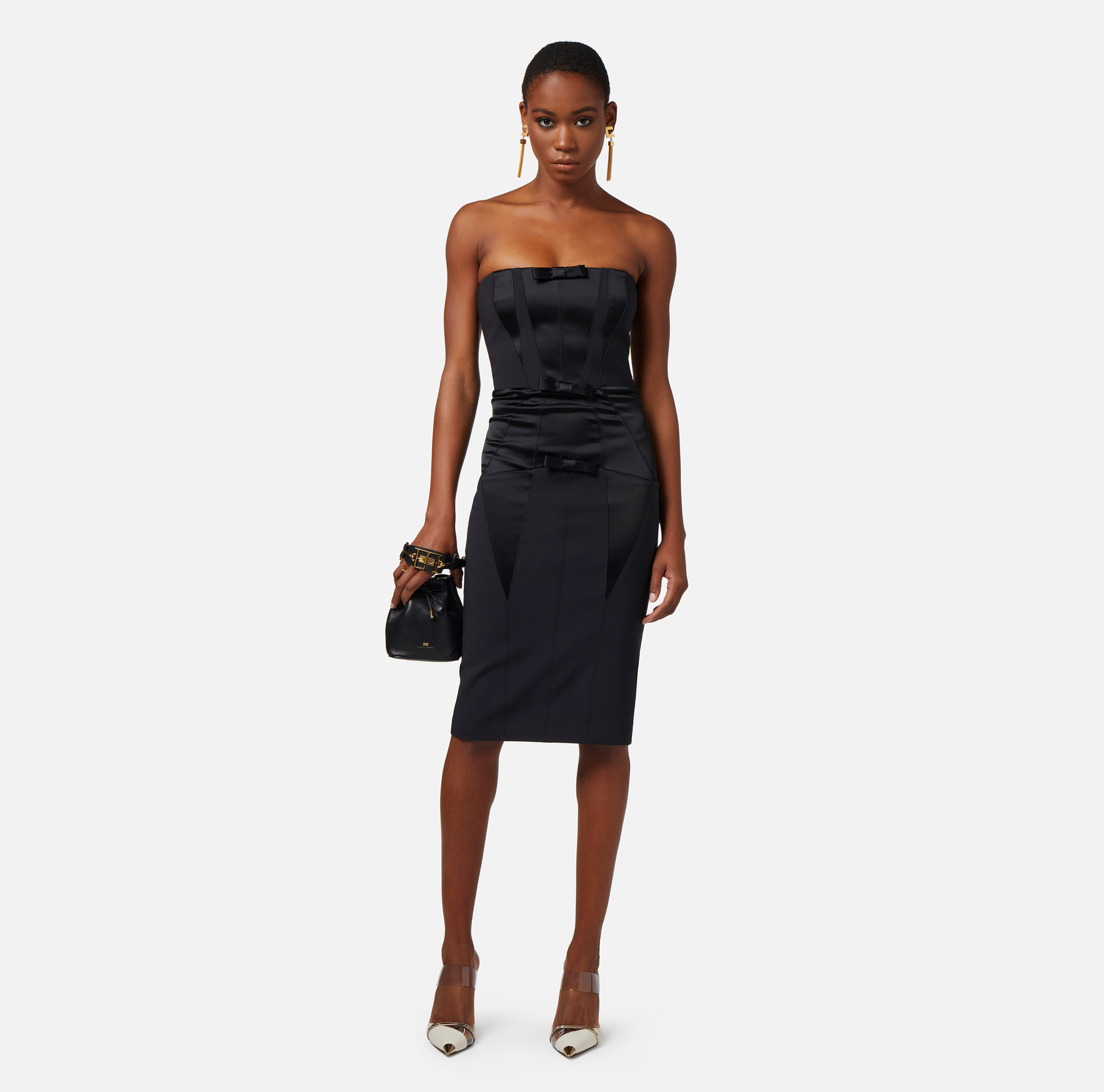 Robe midi en crêpe avec bouffettes en satin - Elisabetta Franchi® Outlet
