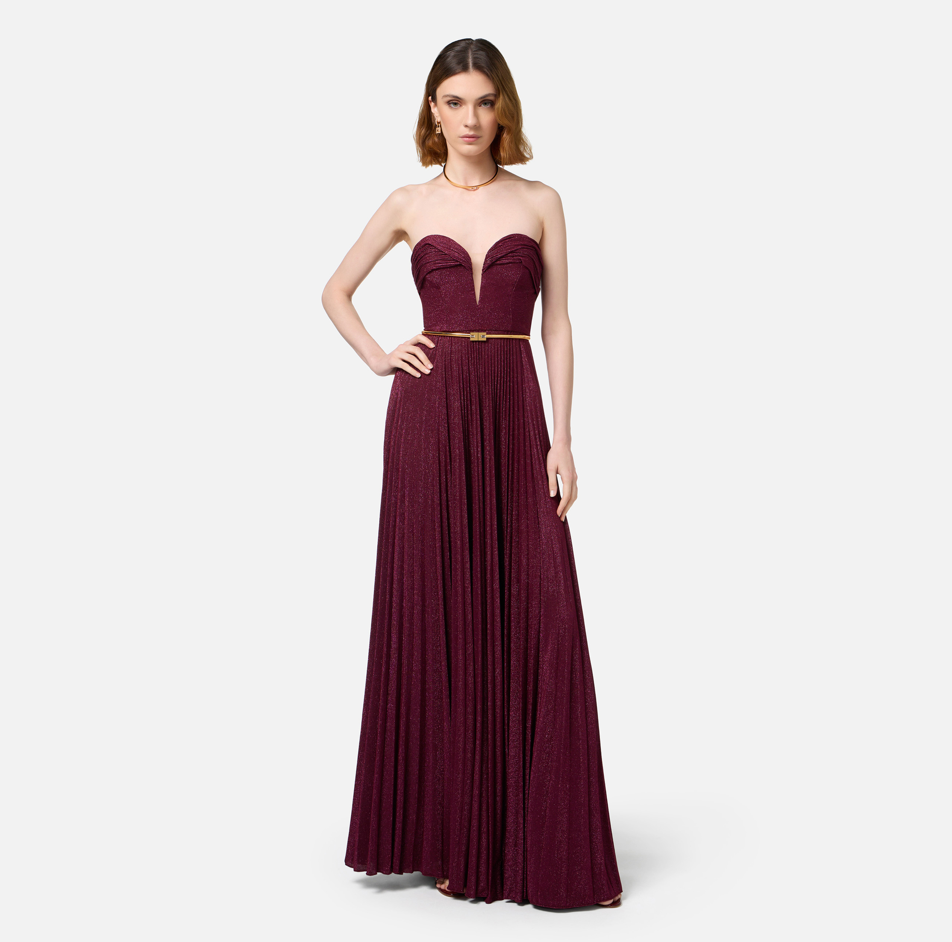 Pleated red carpet dress in lurex jersey with belt | Elisabetta Franchi® Outlet