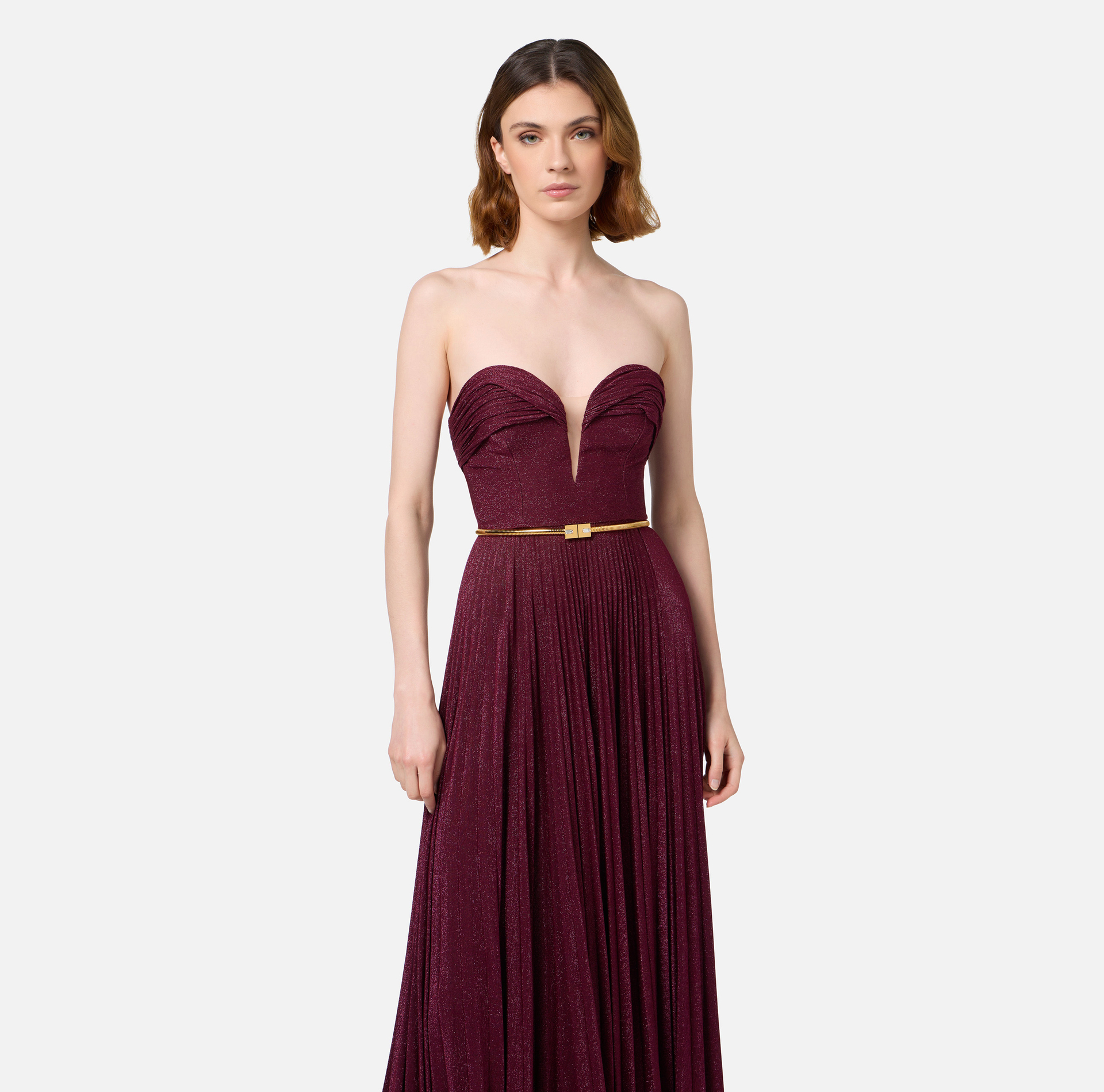 Pleated red carpet dress in lurex jersey with belt | Elisabetta Franchi® Outlet